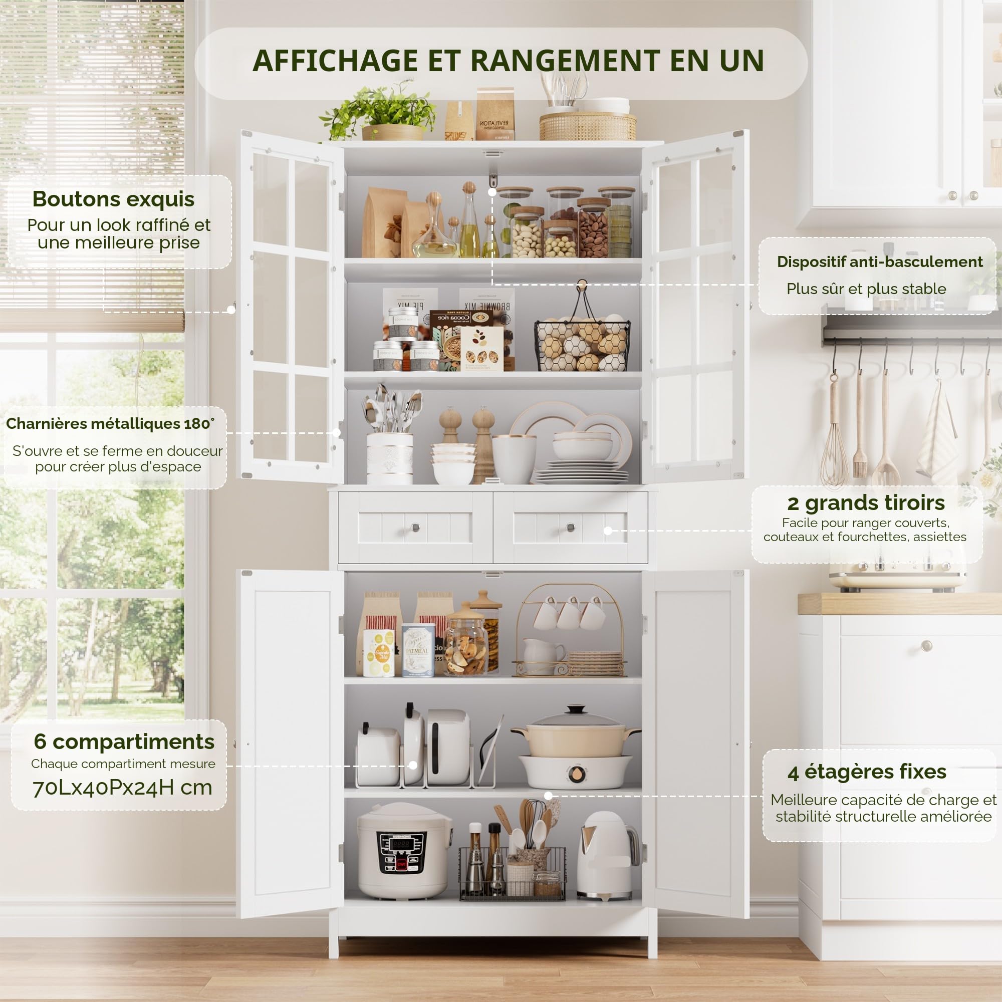 HOCSOK Buffet Cuisine, 180 cm Haut Vaisselier avec 2 Portes Vitrées, Armoire de Cuisine avec 4 Portes et 2 Tiroirs, Vitrine pour Salle à Manger, Bureau, Salon, Moderne, Blanc