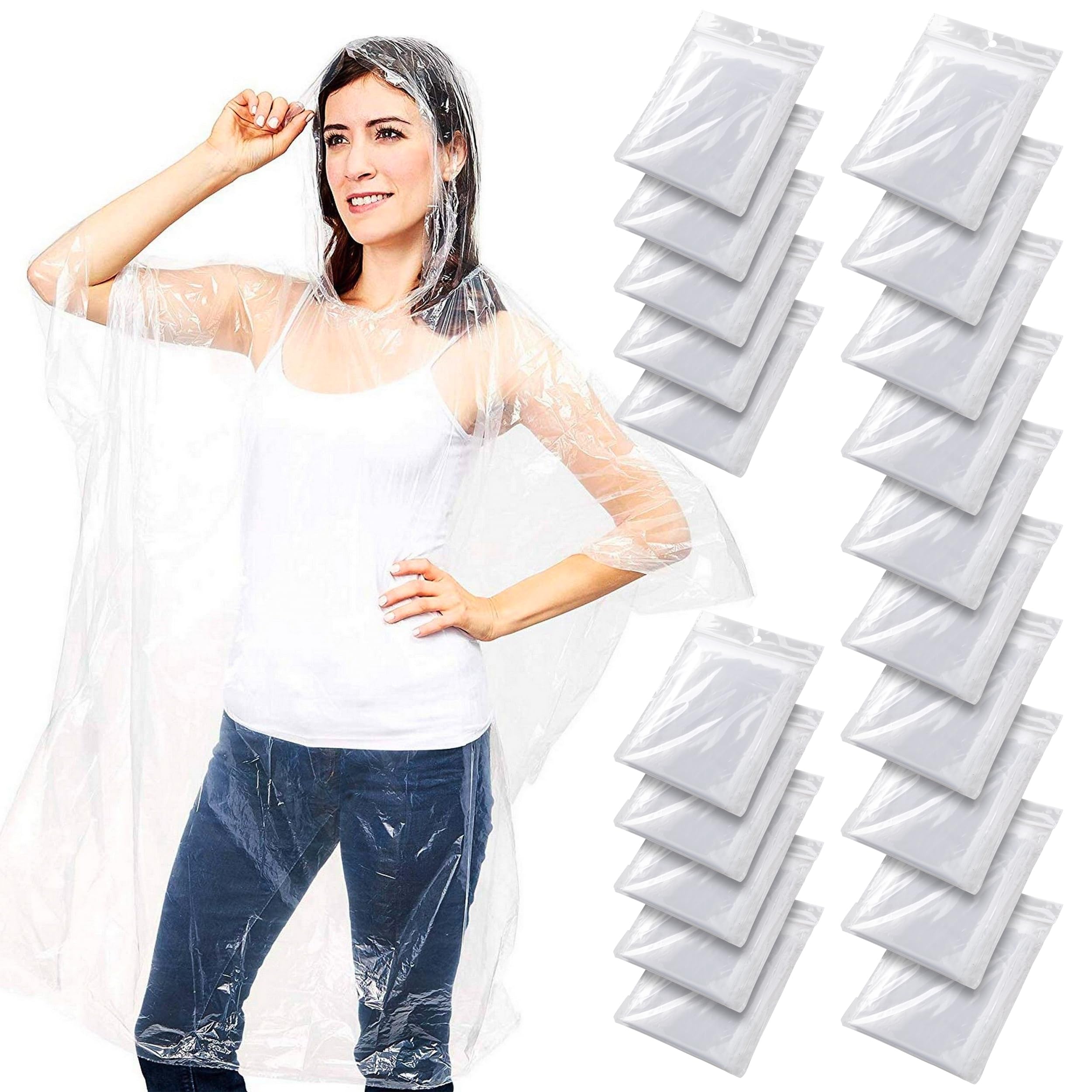 Juvale Disposable Rain Ponchos for Adults - 20-Pack, One Size, Clear Hooded - Plastic Ponchos Bulk & Emergency Rain Gear for Camping & Festivals