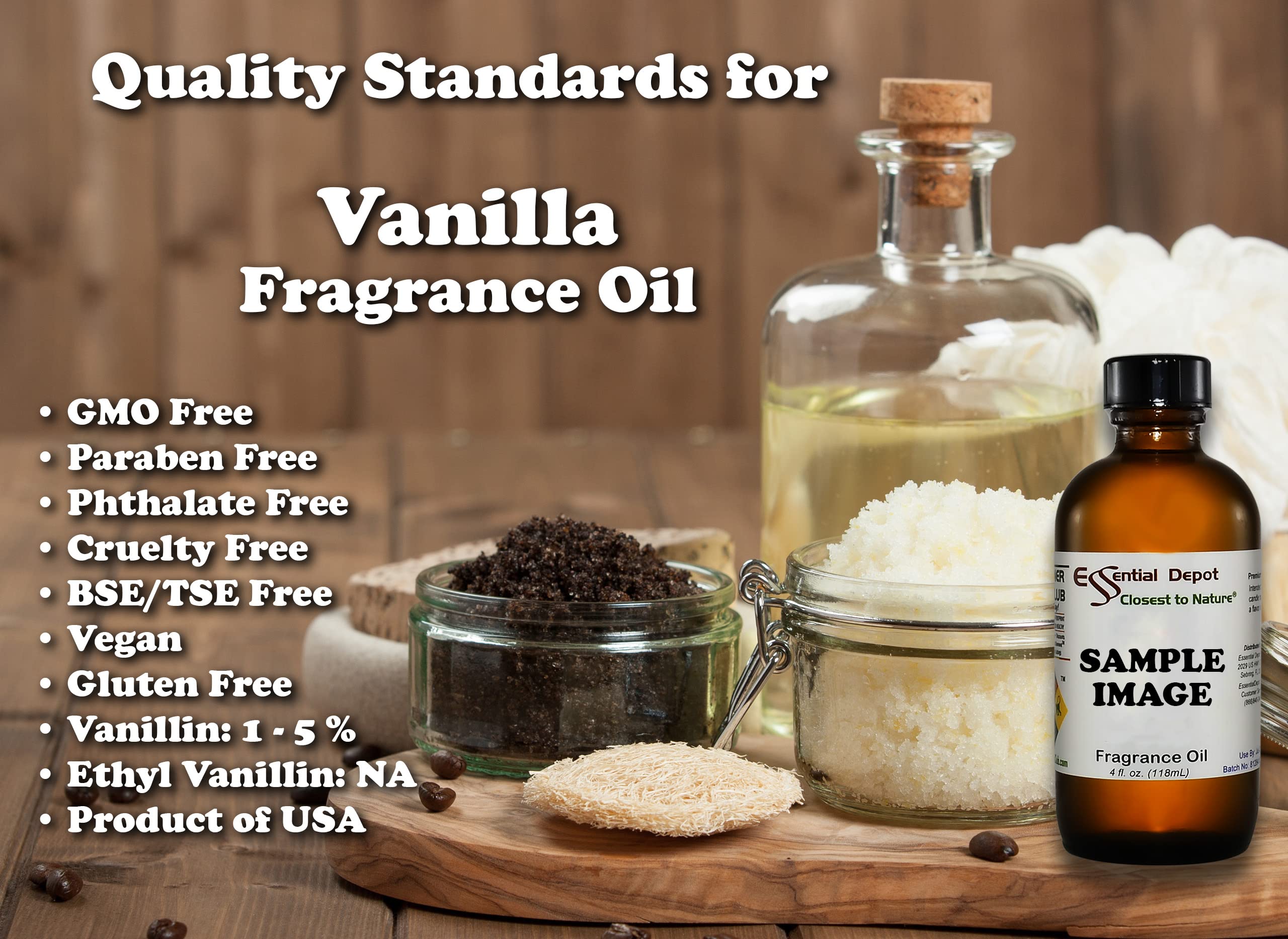 Vanilla Fragrance Oil - 4 oz - Supplied in 4 oz. Amber Glass Bottle with Black Phenolic Cone Lined and Safety Sealed Cap