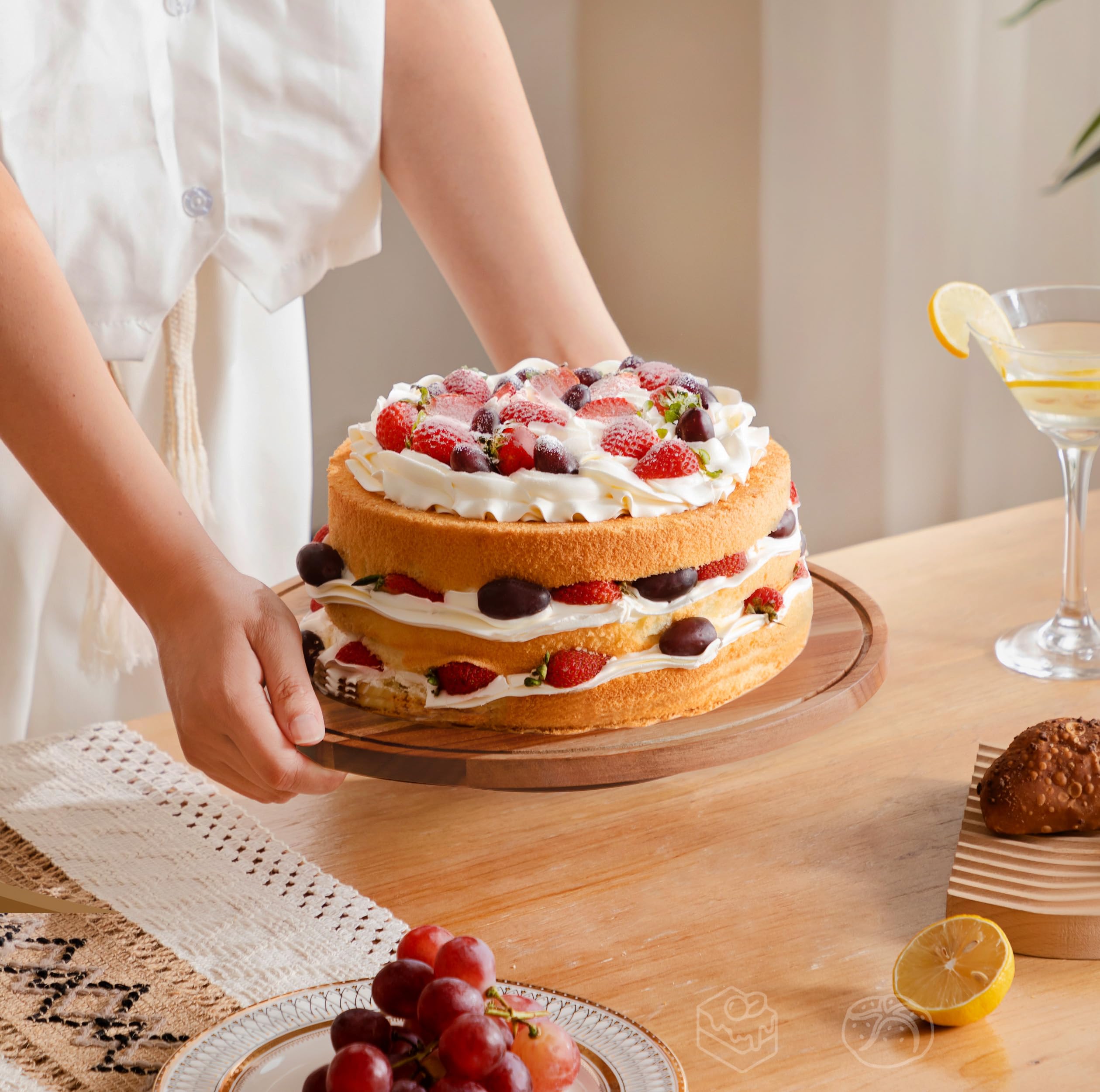 Soporte Para Tartas Giratorio Con Tapa De Cristal - Bandeja De Madera De Acacia, 360°, Ideal Para Postres Y Fiestas