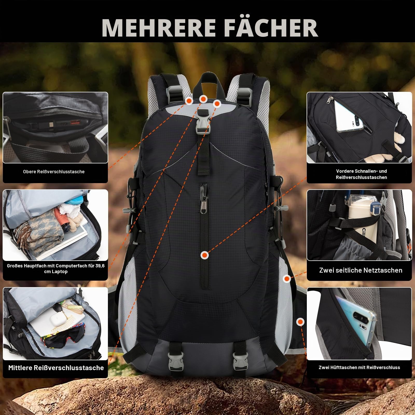 Long Keeper 40L Wanderrucksack Herren Damen Trekkingrucksack Reiserucksack Groß Outdoor Rucksack mit Regenschutz Wasserdicht für Wandern Radfahren Reise