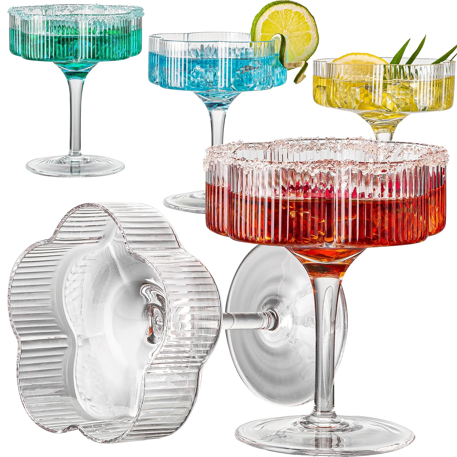 Vintage Art Deco Coupe Glasses, Martini, Champagne & Cocktail Ribbed Glass 7 Oz