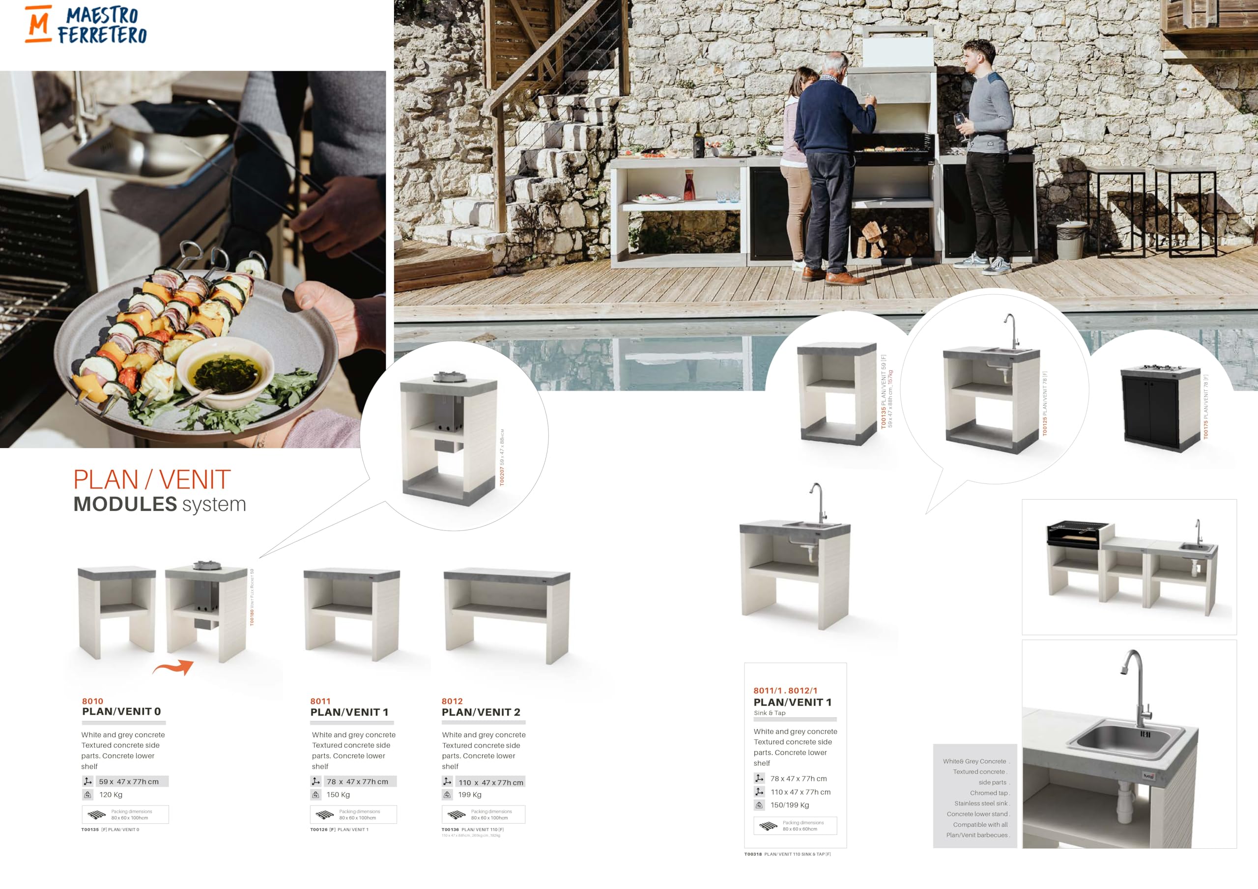 TUOZI - Modulo Stand Plan/Venit 2 lavabo/rubinetto per barbecue in muratura prefabbricato (bianco, grigio, 110 x 47 x 47 cm), uso esterno