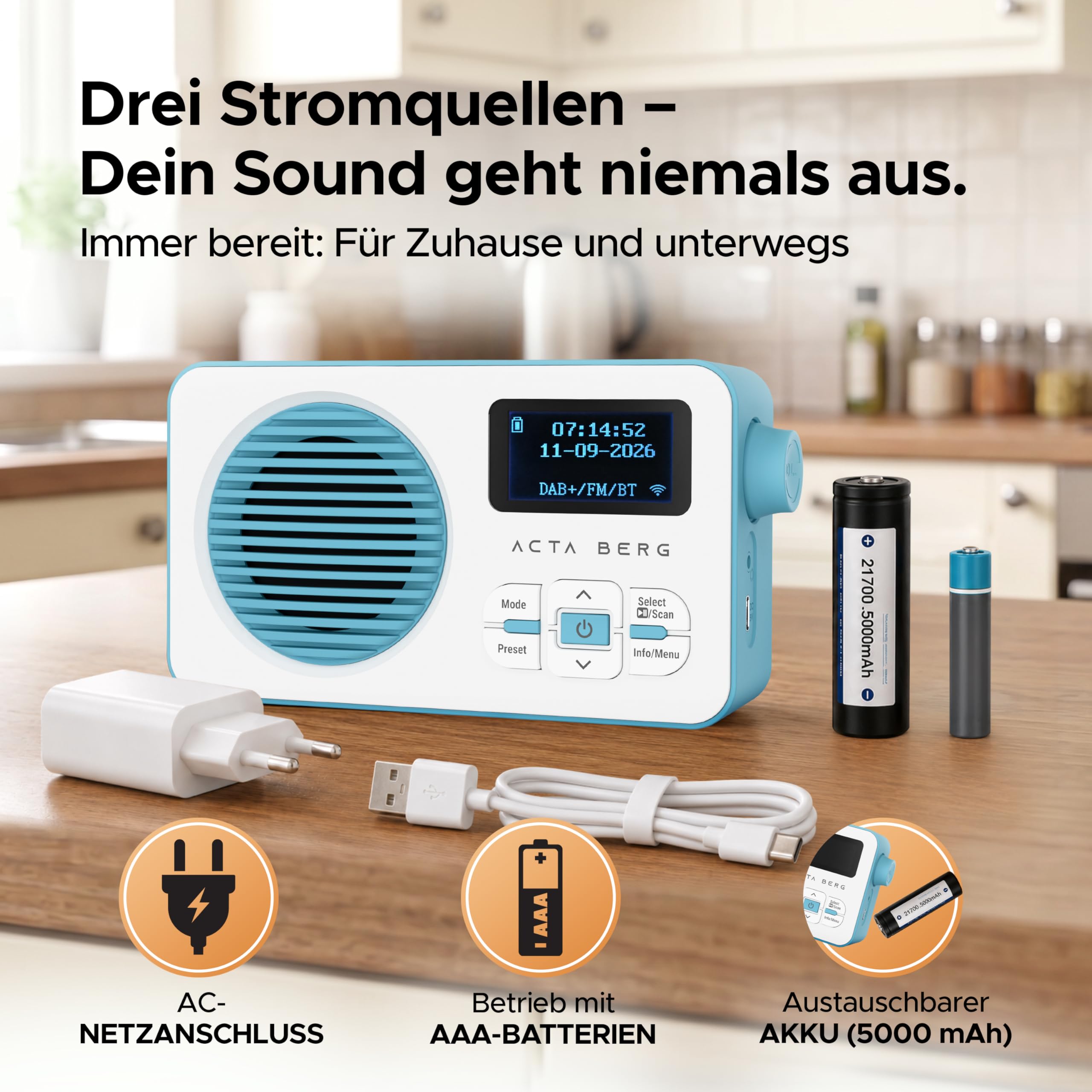Acta Berg DAB Radio mit Akku 5000 mAh austauschbar & BT 5.3 (Baby-Blau) | DAB+/UKW-Radio, Akku austauschbar + Netzstecker, 80 Senderspeicher, USB-C, tragbares Digitalradio, mit Wecker & Timer