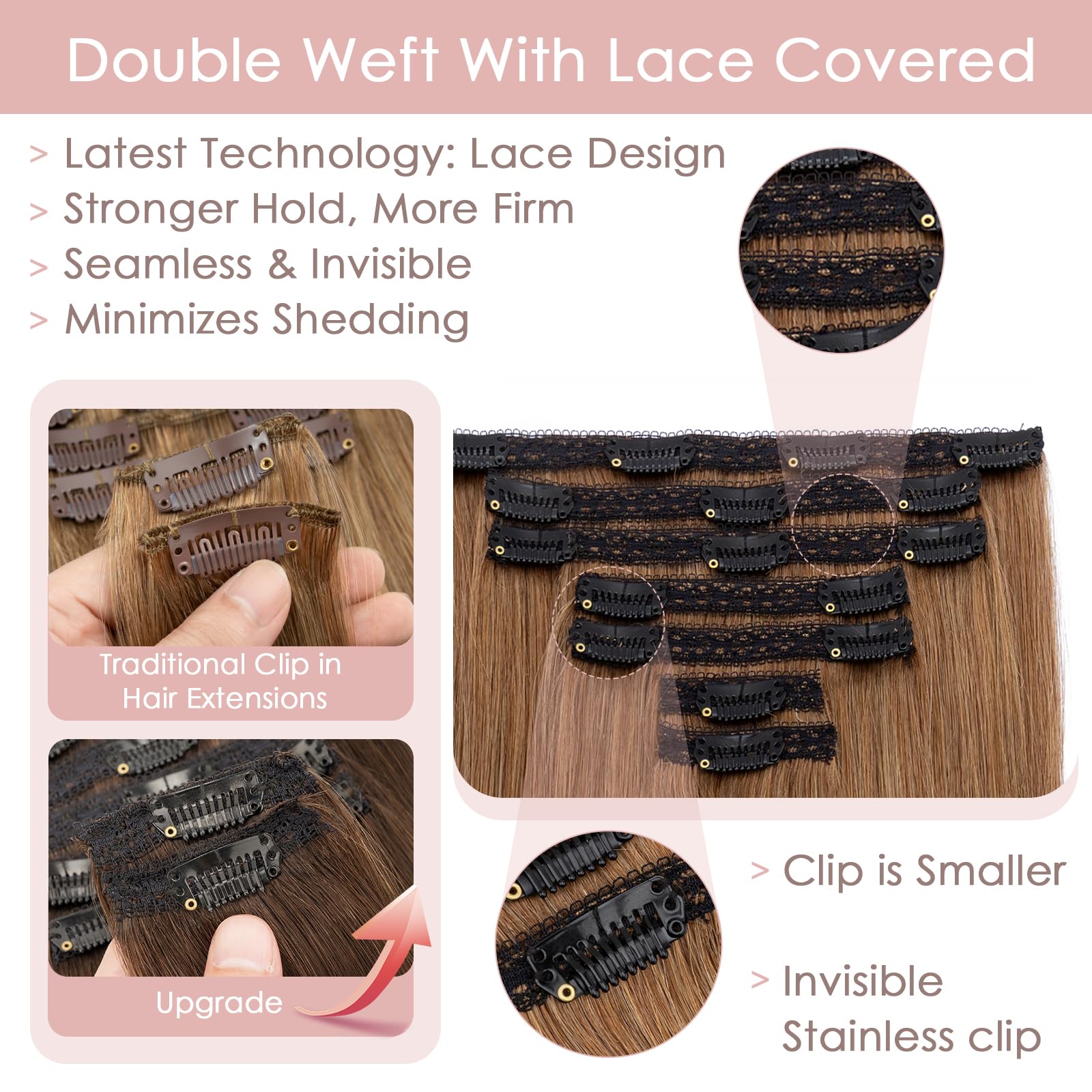 Silk-co Clip in Hair Extensions Real Human Hair Remy Double Weft With Lace Coverd Clip in Silky Straight Natural Thick Hair Seamless 7pcs 16Clips 85g Extension for Women 10Inch #06 Light Brown - Image 2