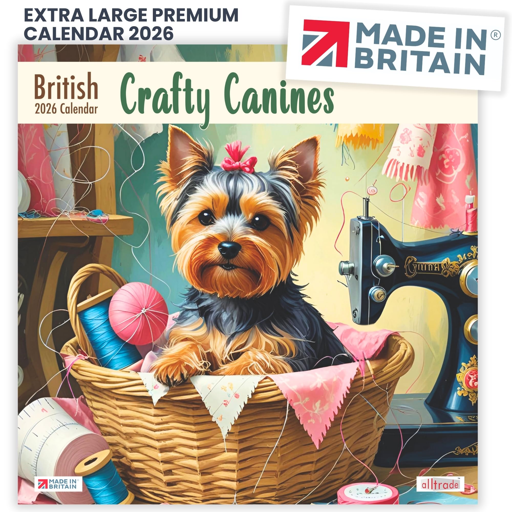 ALLTRADE Calendar 2026 Funny Dogs Gift Cute Crafty Canines Month to view Large Wall 2026 Calendar UK Holidays MADE IN BRITAIN® on FSC® stock great Gift for Mom Dad colleague friends & family
