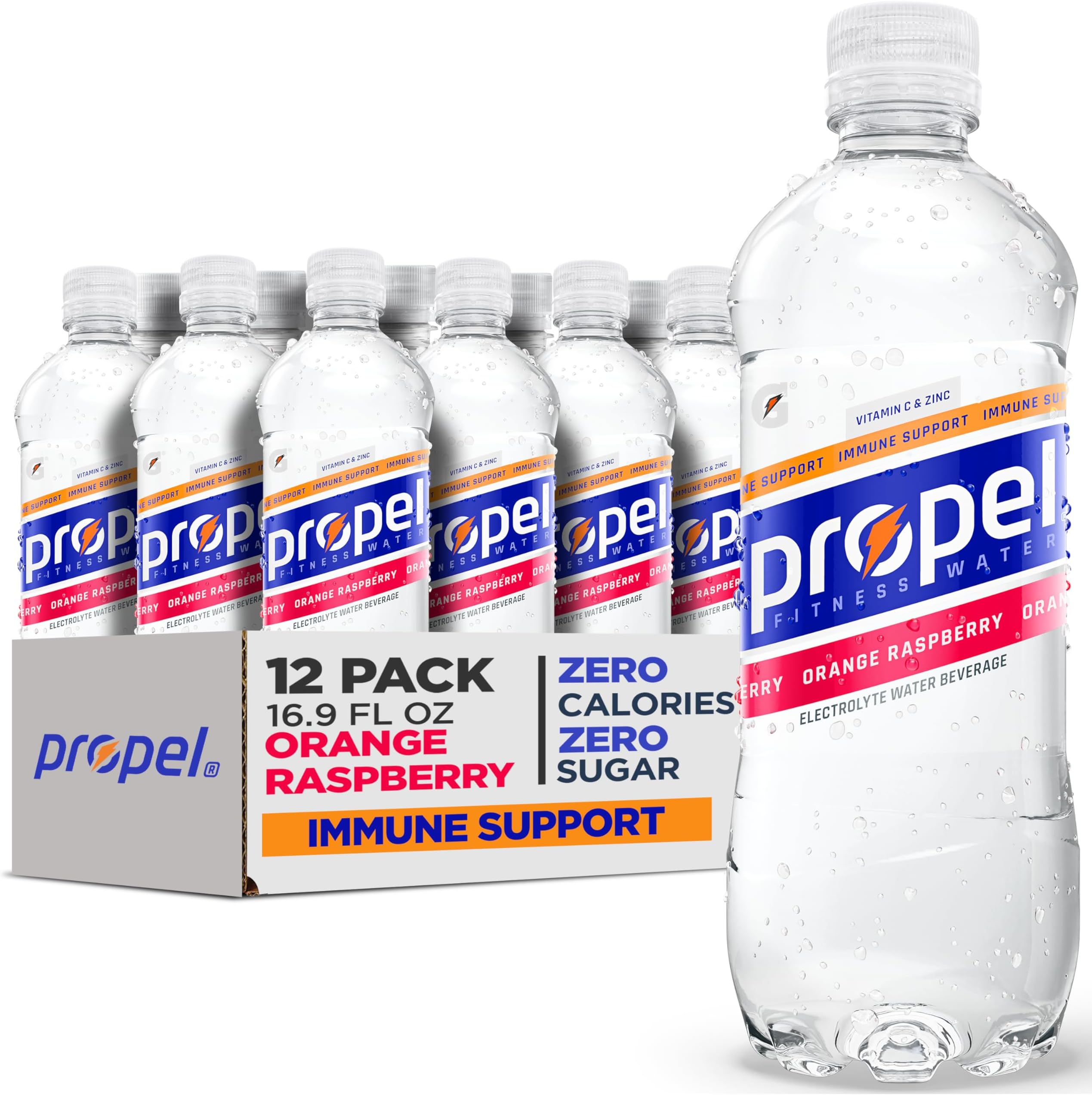 Propel Immune Support Electrolyte Enhanced Water Sports Drink, Orange Raspberry Flavored Water, 100% DV Vitamin C + Zinc, Zero Calorie & Zero Sugar Hydration with Electrolytes and Vitamins, 24 fl oz Water Bottles (12 Pack)
