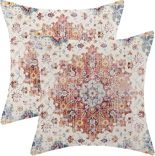 Miniatura 1 de Juego de 2 fundas de almohada bohemias de 20 x 20 pulgadas, diseño étnico decorativo, bohemio, de lino, naranja y azul, para exteriores, para sofá,