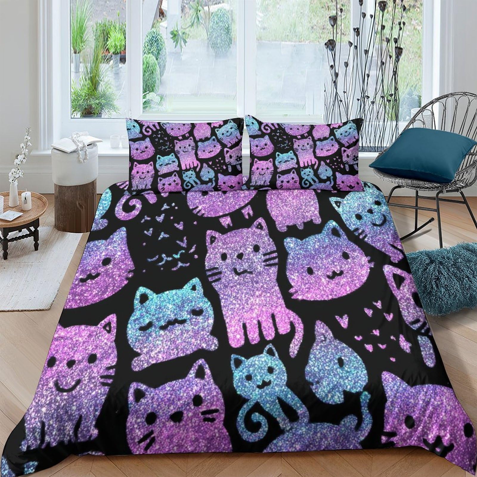 GPLZQXKJNH 3D Printed Purple Blue Cat Pattern Duvet Cover Microfiber Soft Breathable Pastel Kitten Bedding Set with 2 Pillowcases for Bedroom Decor Single（135x200cm）