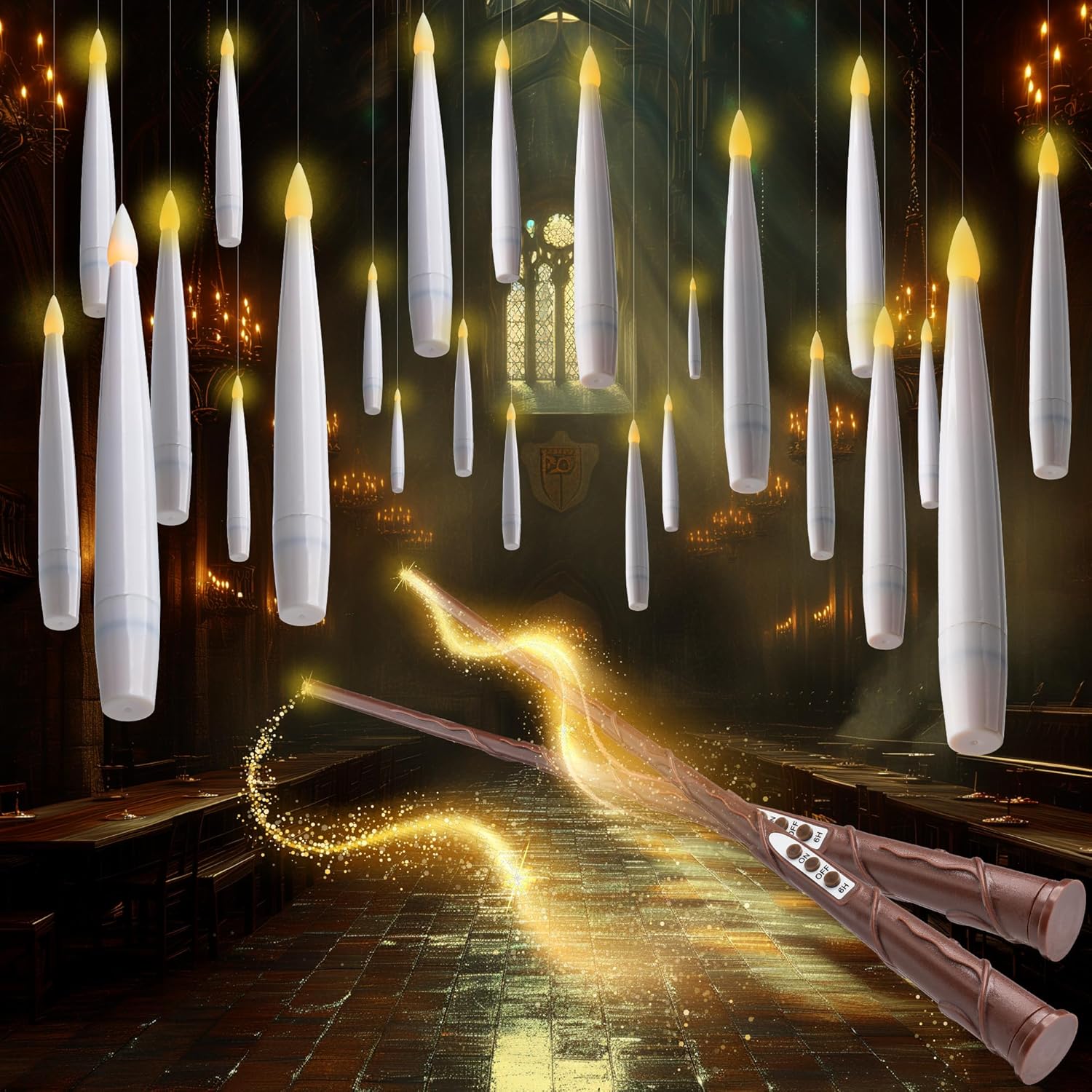 WYZworks 24pk Magical Floating LED Candle with 2 Wand Remote (6/18H Timer), 6.1" Hanging Flameless Flickering Taper Candles Battery Operated Flickering, Halloween Christmas Gift Party Decor (Ivory)