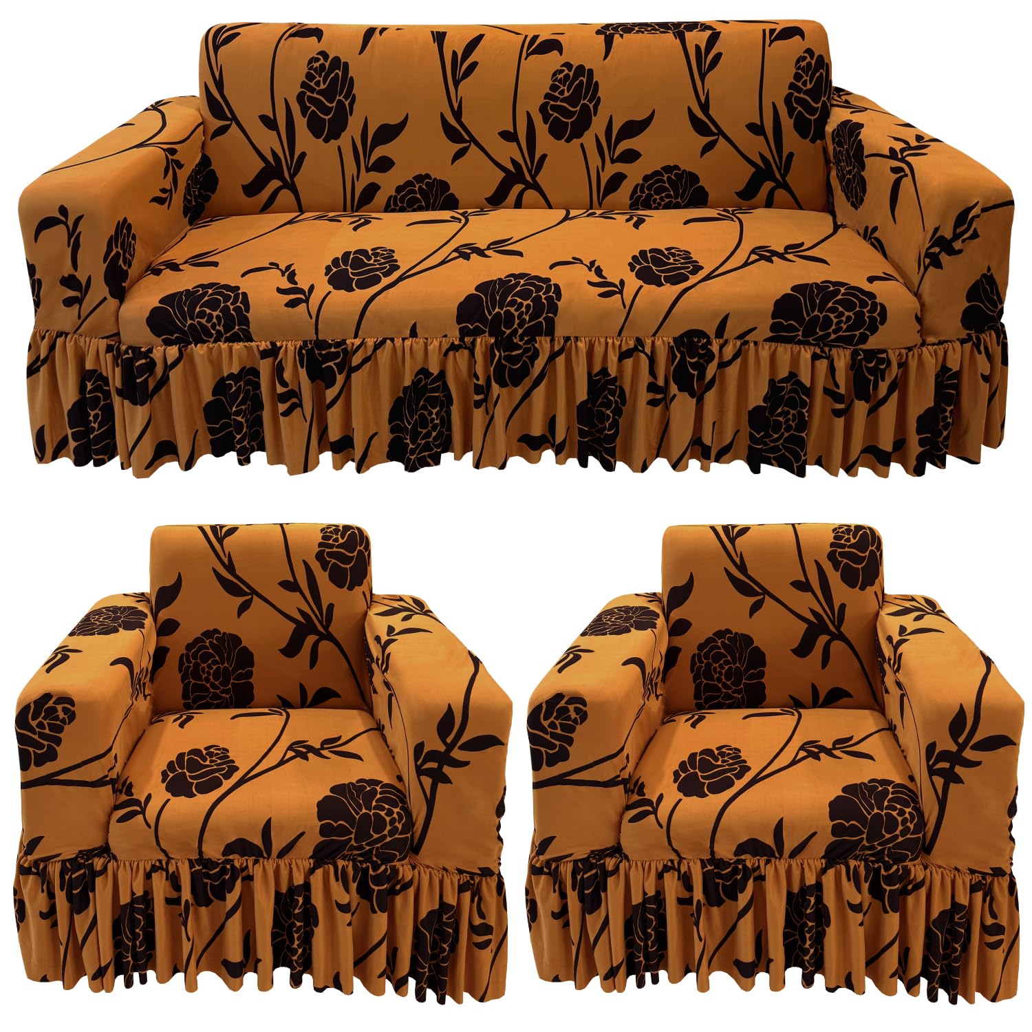 Gifts Island® Sofa Cover 5 Seater Fully Covered Universal Polycotton Spandex Sofa Cover with 360° Frill Non-Slip Sticky Elastic Stretchable Sofa Set Slipcover for (3+1+1 Seater), Gold Black Floral-image-24