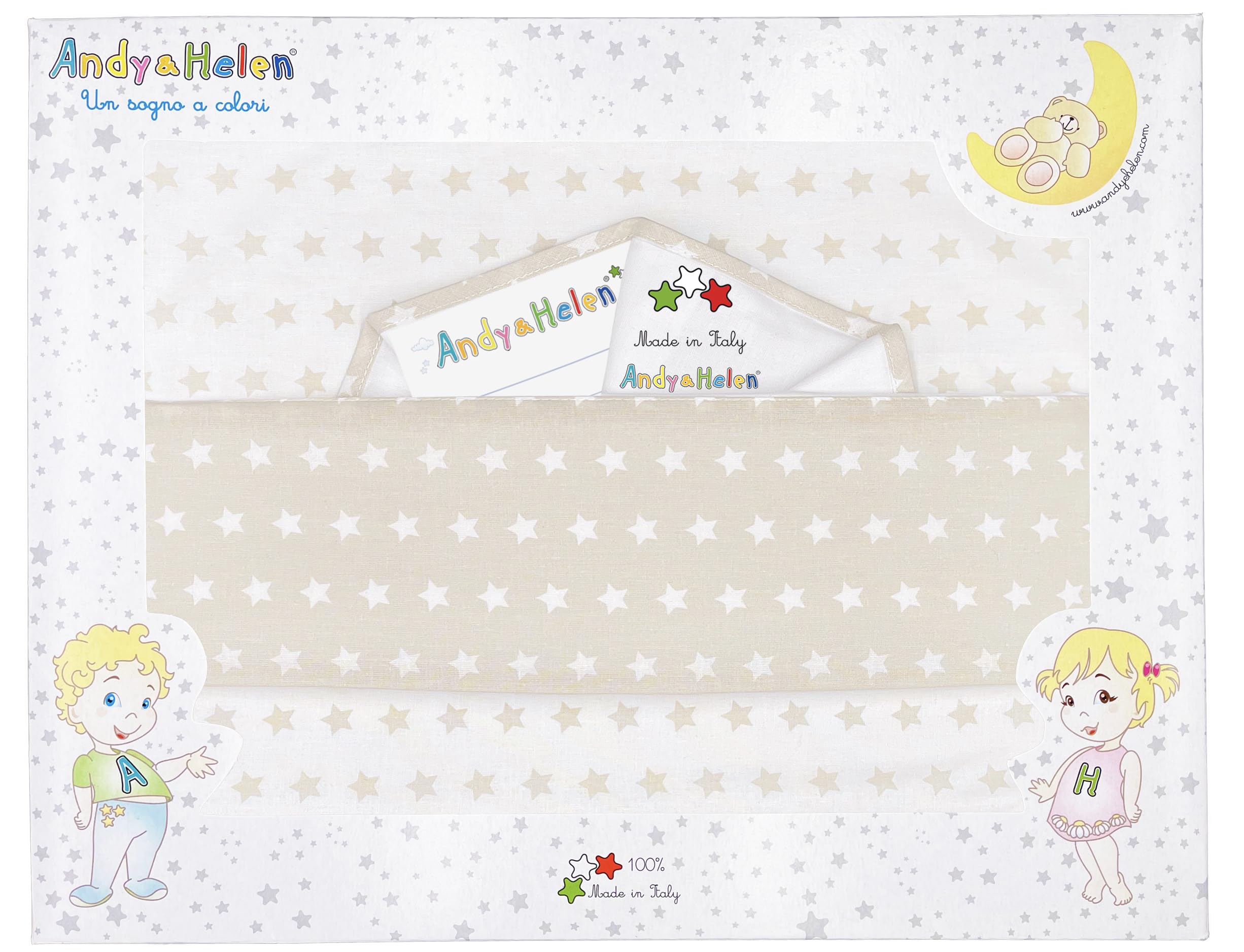 Andy & Helen Set 3 Pezzi Maxi Culla. Sopra + sotto con elastici per culle fianco letto + Federa tutto in Fantasia Stelle, PANNA