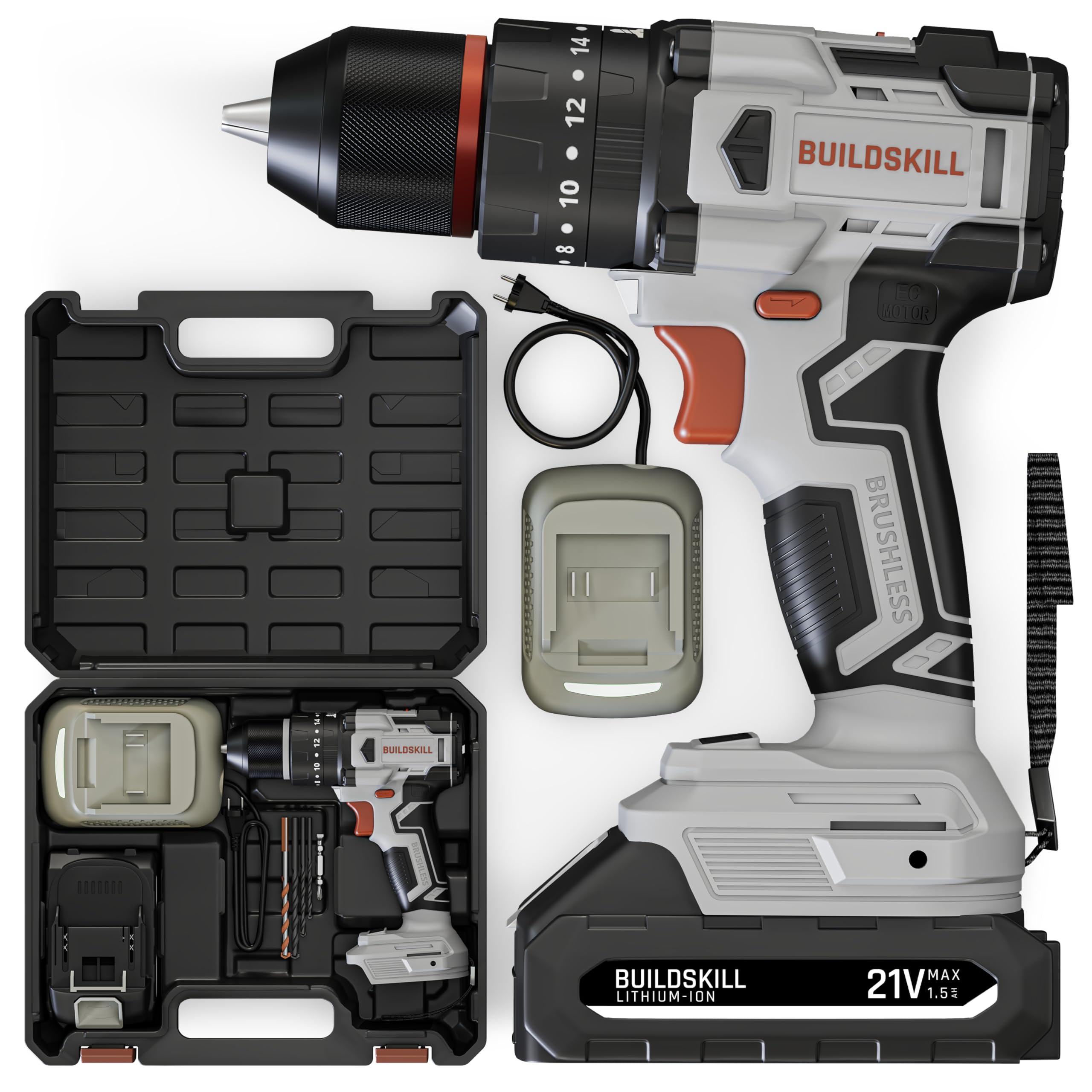 BUILDSKILL 21V BLDC Cordless Drilling Machine | 40NM Torque | Copper Motor | Impact & Drill | 2-Speed 400/1400 RPM | 10mm Metal Keyless Chuck | 1.5Ah Battery | Forward-Reverse | Professional & DIY Use