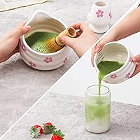 Vista 7 de 5pcs Premium Matcha Set,Ceramic Bowl with Spout and Bamboo Whisk set, Cherry Blossom Matcha Kit for breakfast/latte,Tea Starter Making Kit,Cute