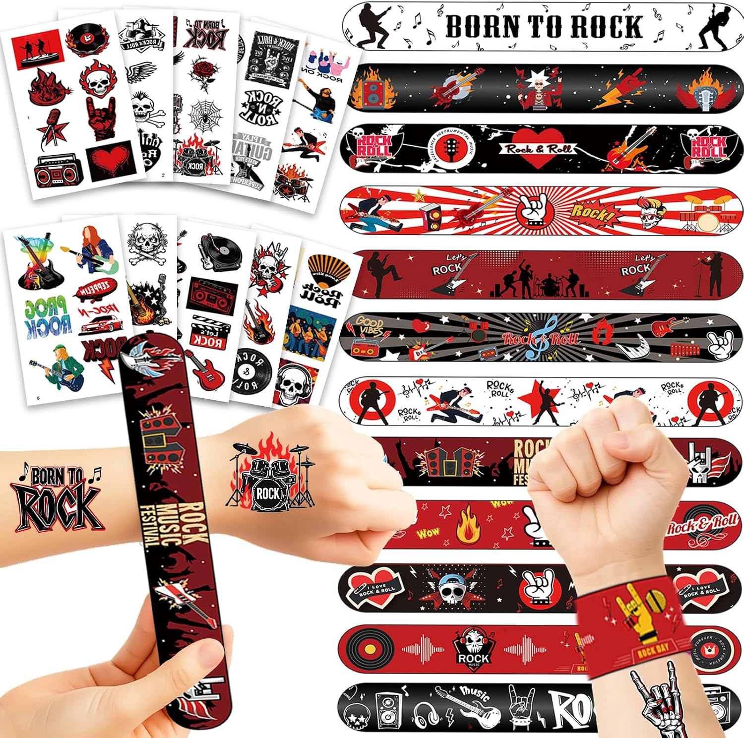 94PCS Rock and Roll Party Favors, 24 Slap Bracelets & 70 Temporary Tattoos