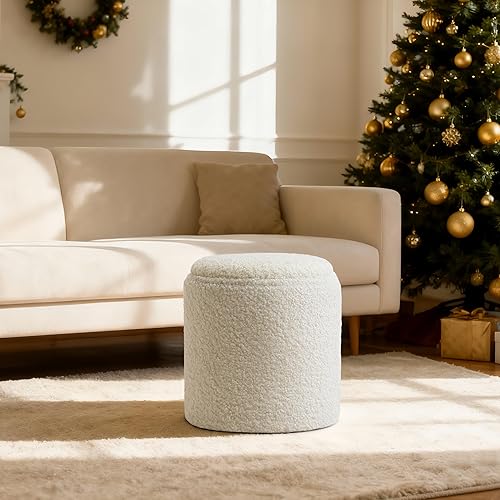 Miniatura 2 de Moderno otomano redondo con asiento acolchado suave, taburete de almacenamiento para maquillaje, taburete tapizado para reposapiés, taburete otomano