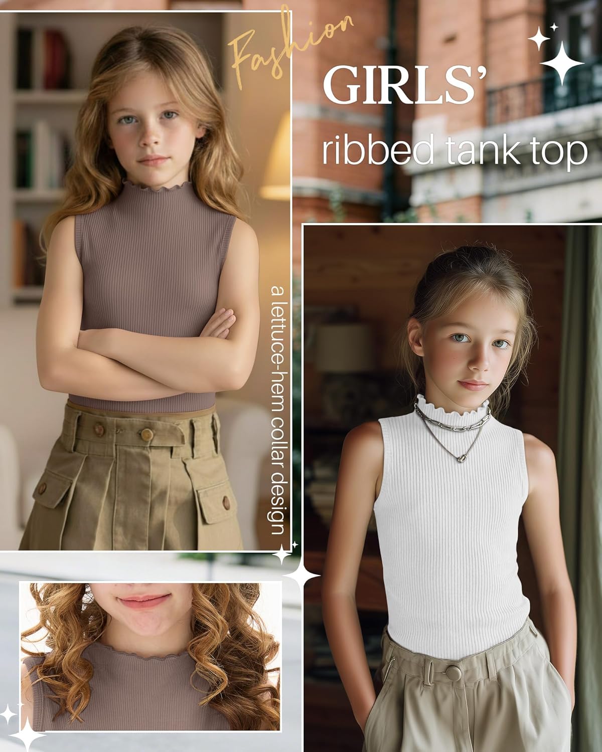 3 Pack Girls Mock Neck Tank Tops Ribbed Turtleneck Slim Fit Lettuce Trim Tops Casual Sleeveless Basic Undershirts - Image 2