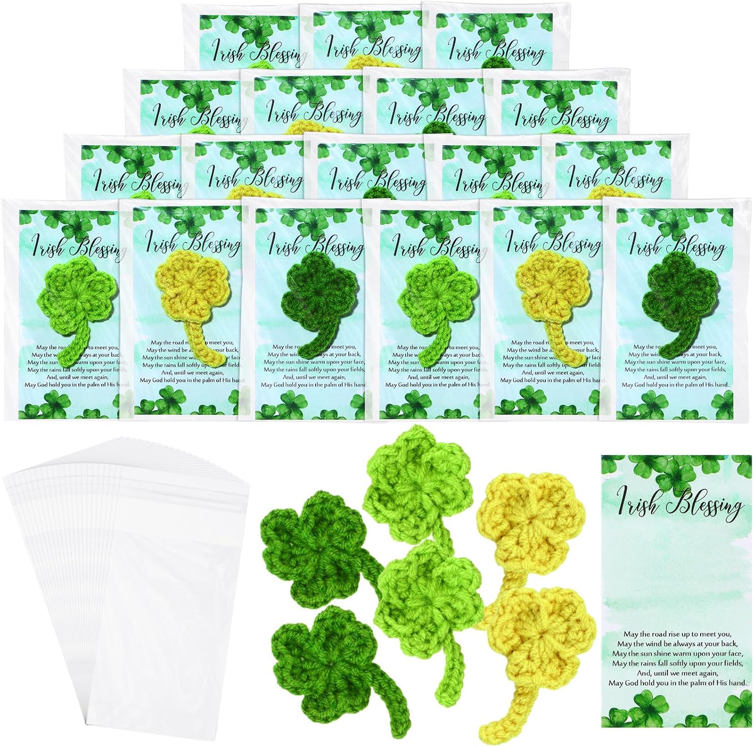 Mindsoft 60 Sets St. Patrick's Day Gifts Bulk Handmade Crochet Shamrock with Irish Blessing Cards Christian Ireland Themed Gifts Irish Party Favor for Coworkers Office Friend Kids Family Classroom