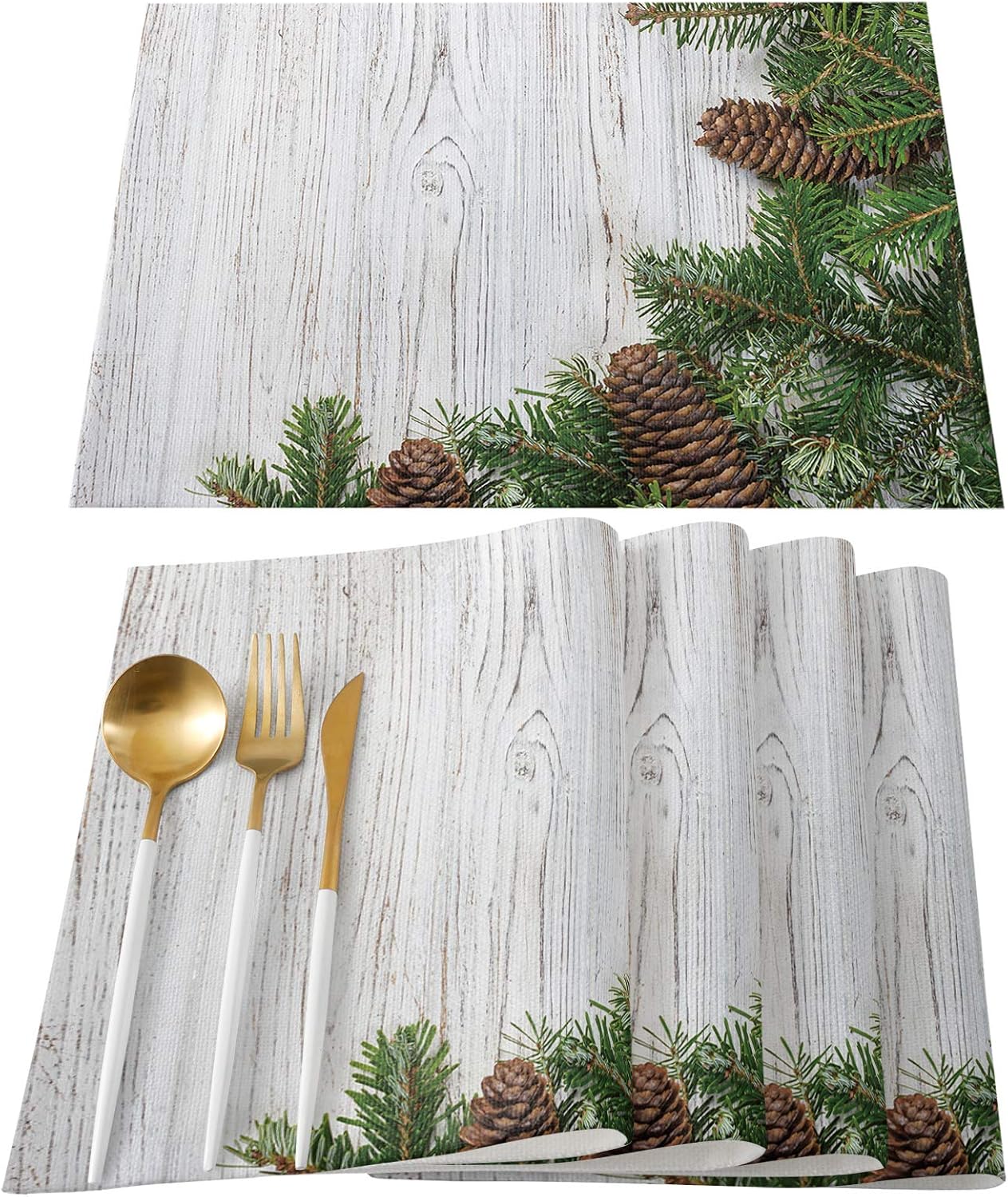 Frее Shірріng Ovеr $50 Chic D Tropical Pinecone Wood Indoor Placemat Set of 6, Non-Slip Placemats for Kitchen/Dining Table/BBQ/Patio/Parties, 12x18 Washable Durable Cotton-Linen Table Mats, Rustic Wooden Barn