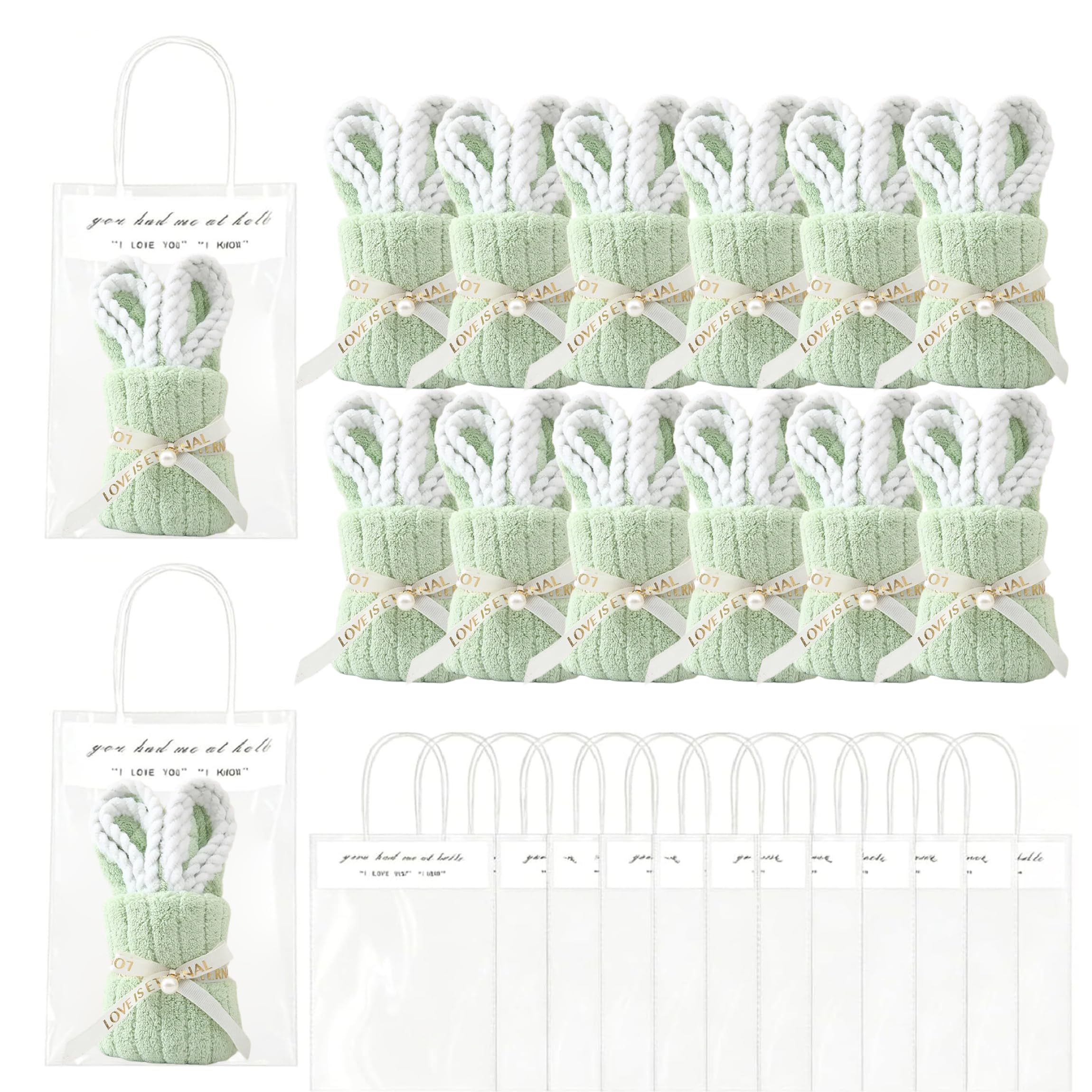 Pineeseatile 12 Set Bunny Baby Shower Favors Coral Fleece Bunny Towels with Present Bag for Guests, 10x20 Inch, Green, Baby Shower Favors For Guests