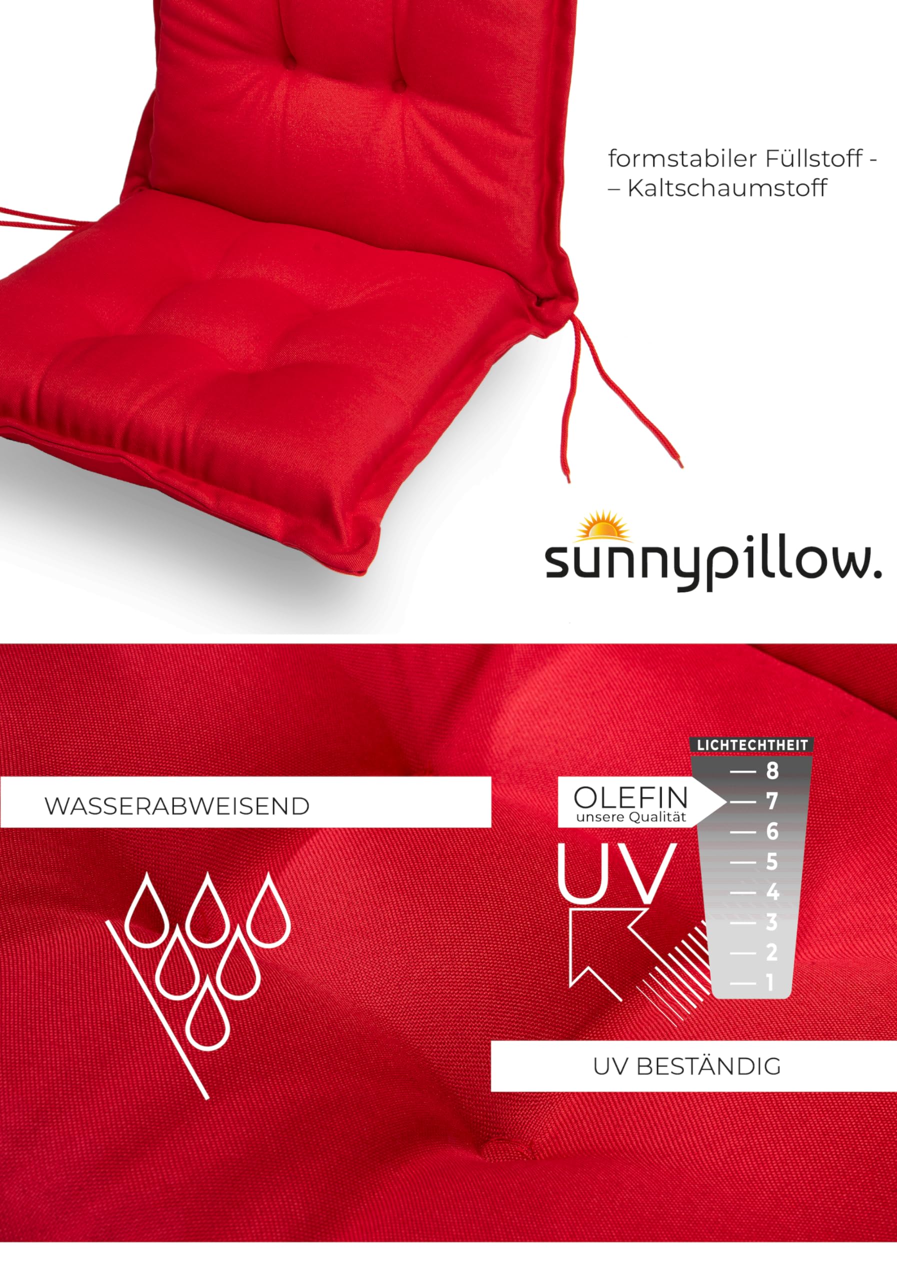sunnypillow 6 poduszek na krzesła ogrodowe z niskim oparciem, 100 x 50 x 9 cm, 6 kolorów do wyboru, nakładki na krzesła do użytku wewnątrz i na zewnątrz, kolor czerwony