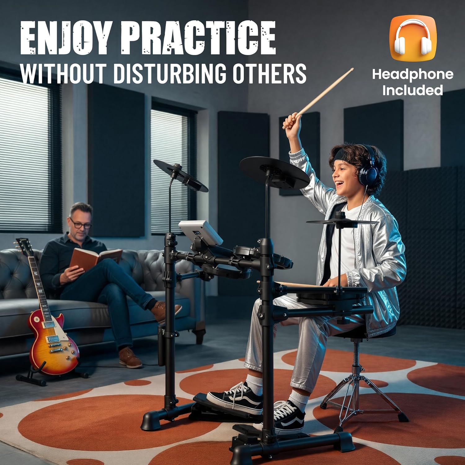 CAHAYA Electric Drum Set, Portable Electronic Drum Kit with Mesh Pads, 150 Sounds, 15 Kits, 2 Pedals, Throne, Headphones, USB/MIDI, Practice Kit for Kids and Adults, Xmas