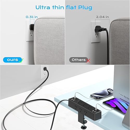 Miniatura 5 de Regleta de alimentación con abrazadera de escritorio de enchufe plano de 10 pies, estación de carga rápida total de 40 W, puertos USB C PD duales de