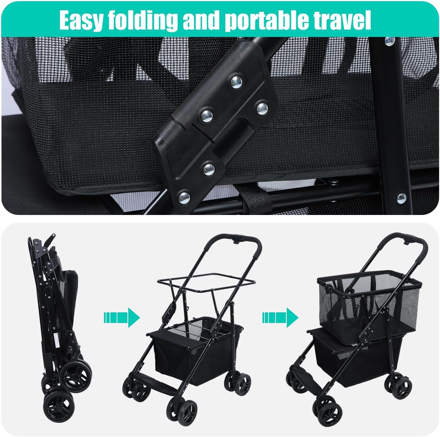 HEVIRGO Folding Shopping Cart – Pet Stroller & Grocery Cart with 360° Rotatable Wheels, Visible Mesh, Shockproof Tires, Rear Wheel Dual Brake, Double Layer Collapsible Mobile Carts Black