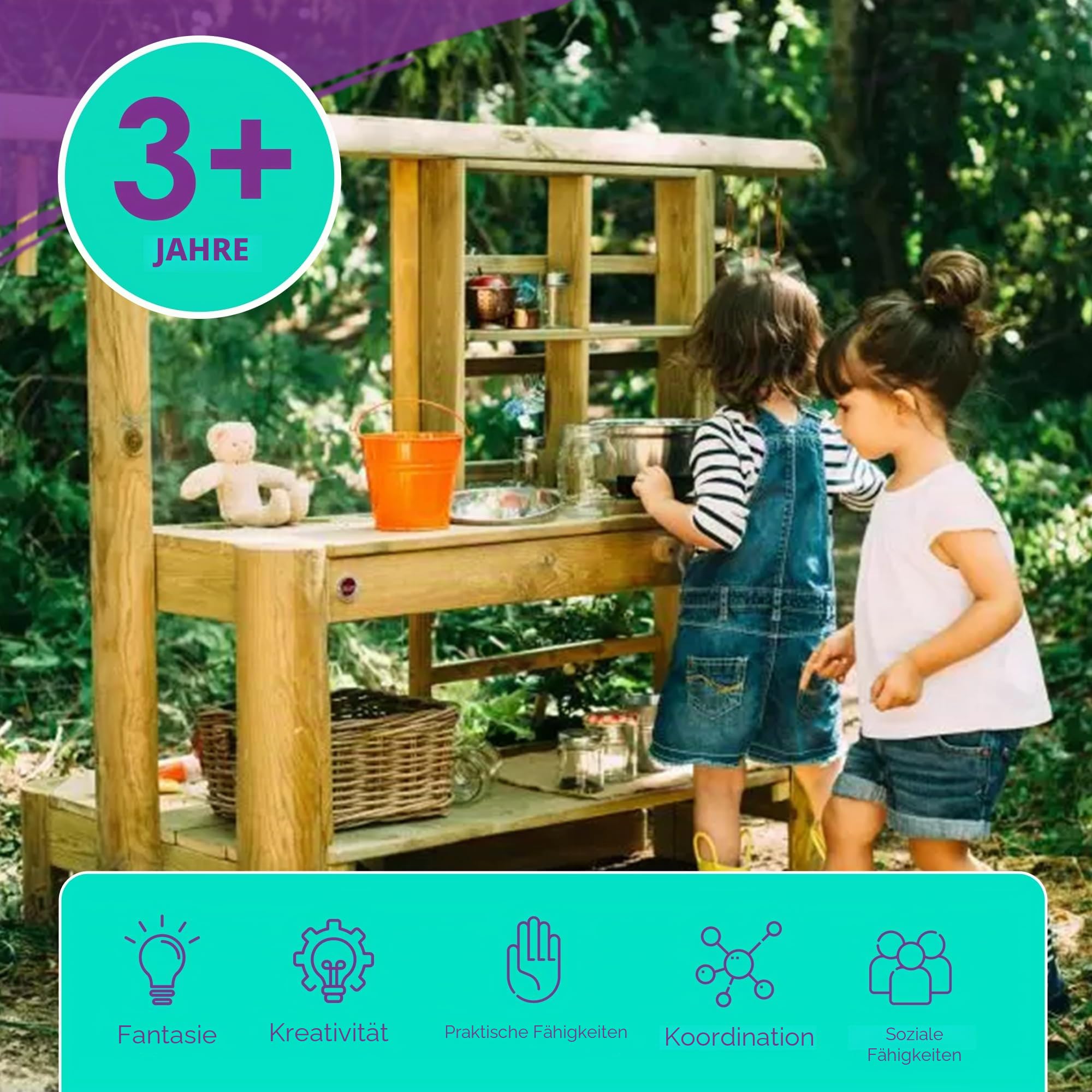 Plum Discovery Matschküche Kinder Outdoor I Outdoor Spielküche aus Holz mit Spülbecken und Pflanzbeet I Kindergrill I Gartenspielzeug ab 3 Jahren