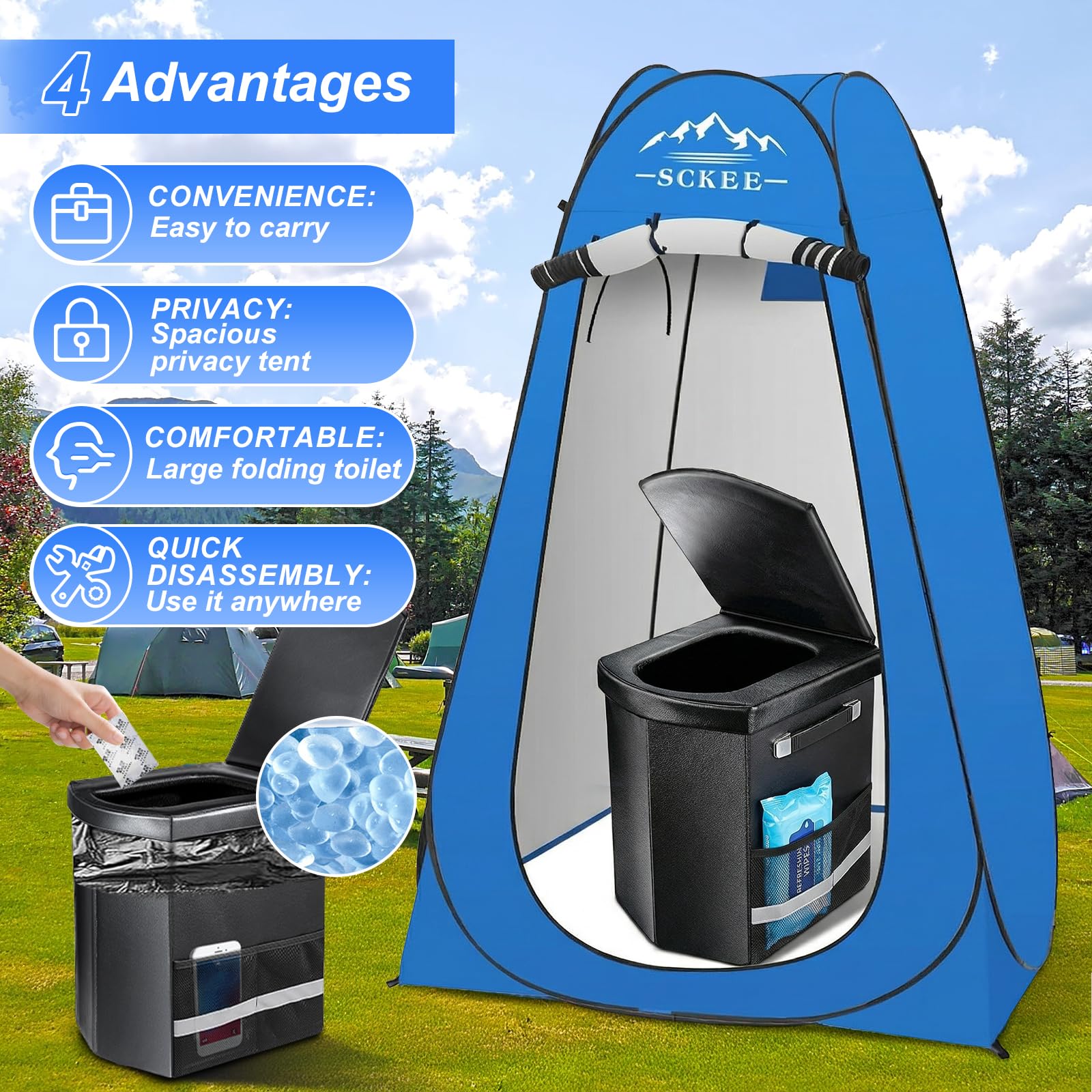 Juego de inodoro portátil para adultos, inodoro portátil XL para camping, inodoro de camping con tienda de campaña emergente, duchas al aire libre, vestuarios, orinal de viaje para camping,