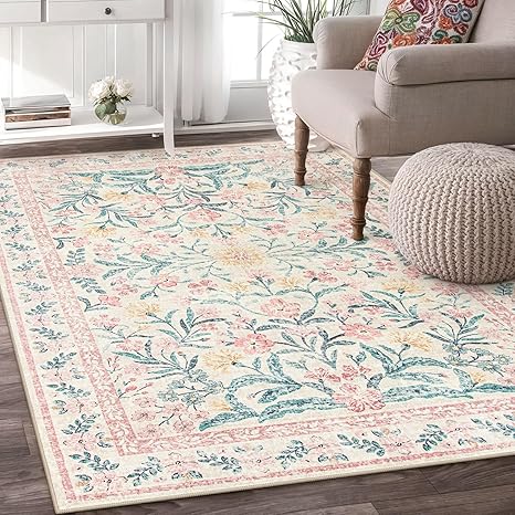 Wonnitar Pink Rugs for Bedroom Girls, 5x7 Washable Rug for Nursery Decor, Boho Soft Floral Carpet Non Slip, Indoor Ultra-Thin Floor Carpet for Baby Kids Room Living Room Dorm