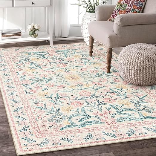 Wonnitar Pink Rugs for Bedroom Girls, 5x7 Washable Rug for Nursery Decor, Boho Soft Floral Carpet Non Slip, Indoor Ultra-Thin Floor Carpet for Baby Kids Room Living Room Dorm