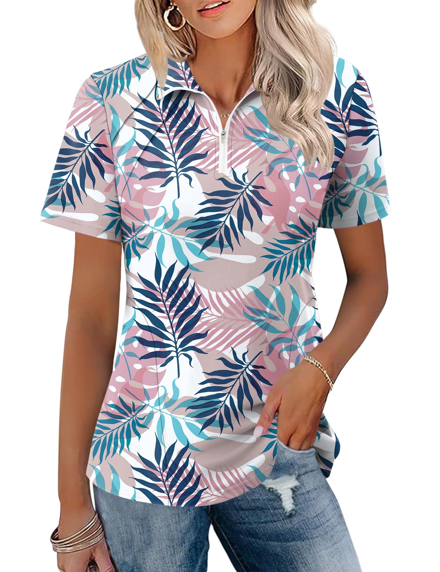 LOMON Womens Golf Polo Shirt Summer Short Sleeve Quarter Zip Outfit
