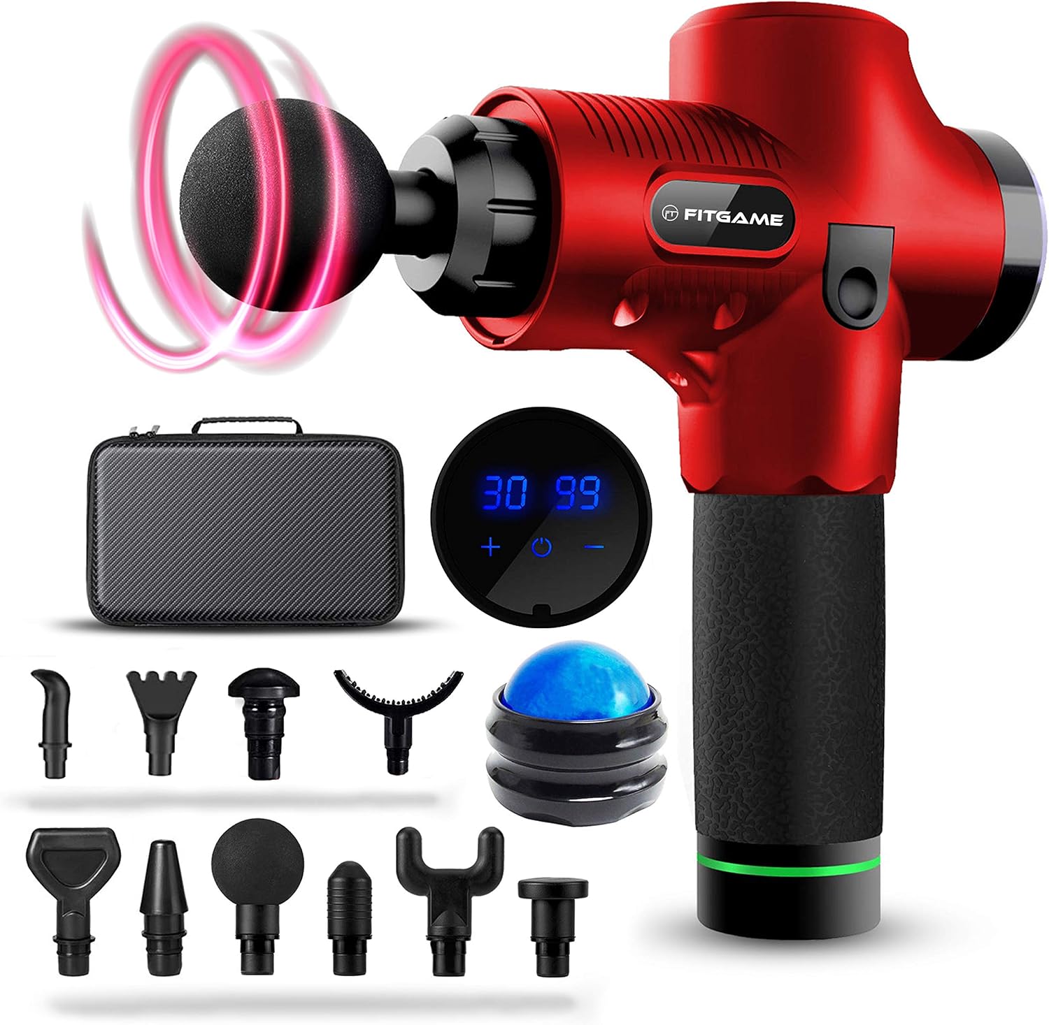 FITGAME Massage Gun 30 Speed Levels for Rapid Tension Relief | Quiet Professional Handheld Muscle Gun with 10 Replacement Heads - Adjustable Percussion Massaging - Relieve Sore Muscles (Red)