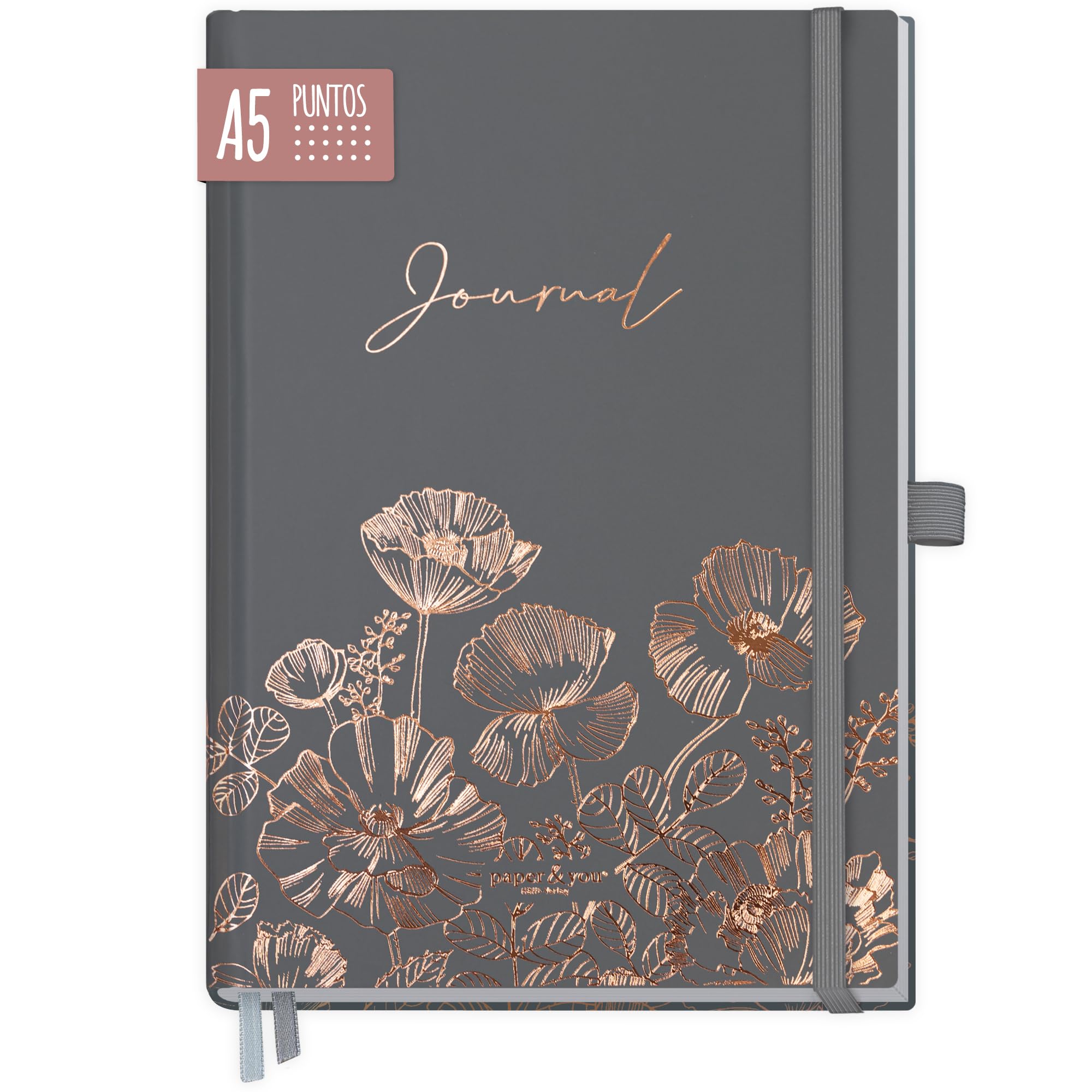 paper&you® Premium Bullet Journal a puntos [Poppy] Cuaderno A5 | 188 páginas de papel grueso | agenda con banda elástica, portabolígrafos | sostenible y climáticamente neutro