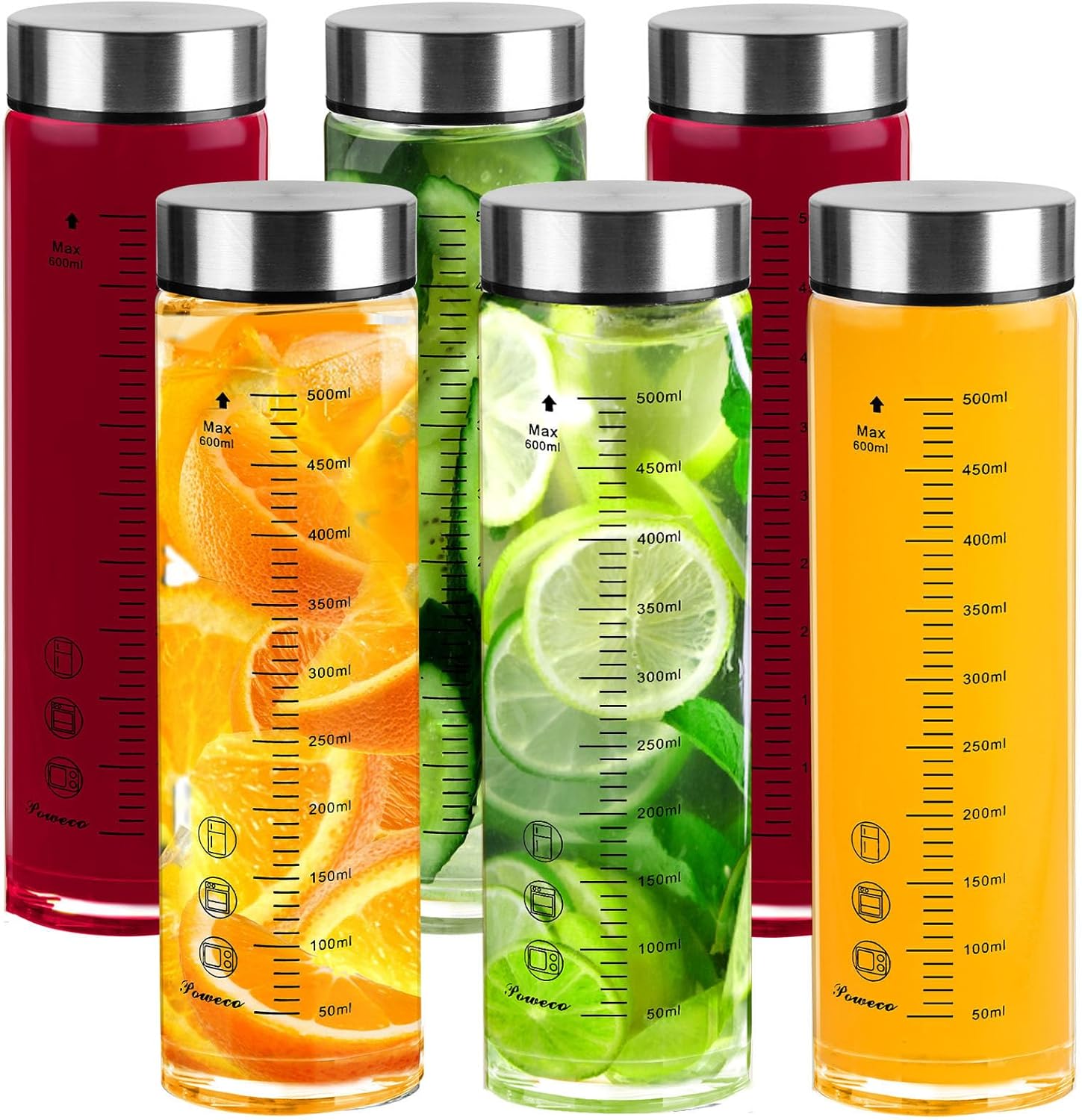 Glass Juice Bottles 6 Pack 20 oz - Wide Mouth Glass Water Bottles with Lids - for Juicing, Protein, Smoothie, Milk, Reusable, BPA Free, Stainless Steel Lids, Blender, Shaker Bottle (20oz/600ml) 20oz/600ml 6-Pack (ml)