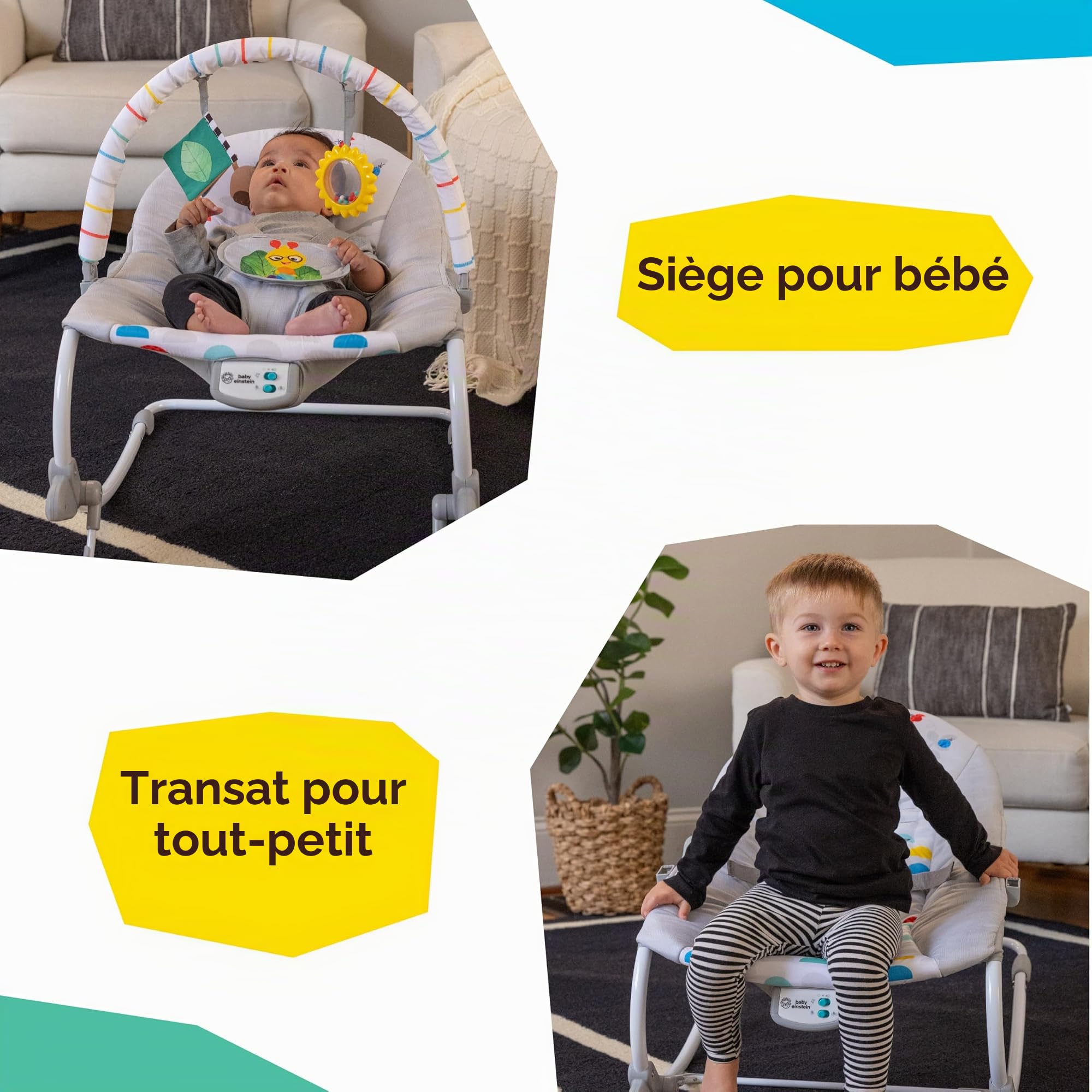 Baby Einstein, Transat Musical Dean's Discovery Spot, Transat 2-en-1 Bébé et Tout-Petit, Vibrations Apaisantes, Inclinaison 2 Positions, Jouets Amovibles, 0 Mois+, Max 18kg, 70x49x60 CM