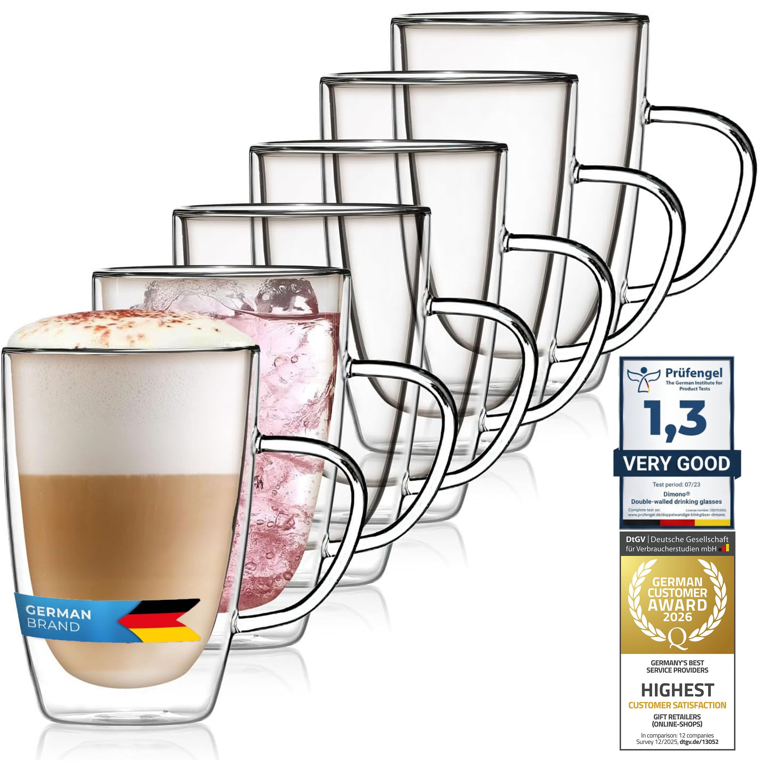 Dimono® Vasos de Doble Pared con Asa, 450 ml – Set de 6 | Vidrio borosilicato soplado a mano – efecto flotante – apto lavavajillas – ideal latte, cócteles y agua