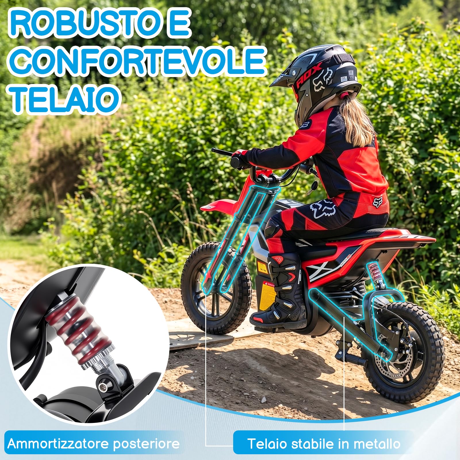 LALAHO Moto elettrica per bambini 24V 7Ah con Motore Senza Spazzole 250W, Max 22,5 km/h, Autonomia 19 KM, Pneumatico gonfiabile da 12 pollici (Rosso)