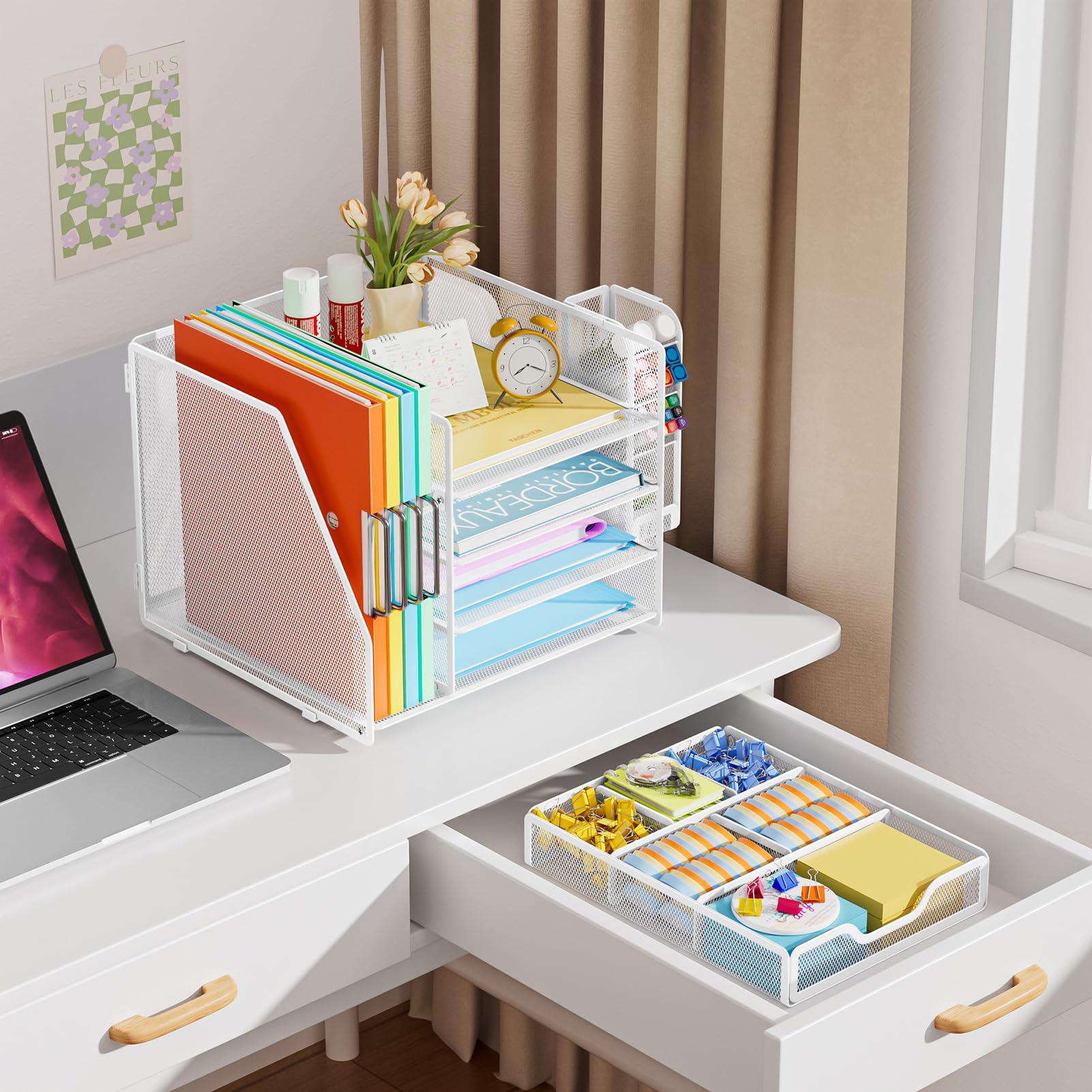 Marbrasse Métal Organiseur De Bureau,4 Niveaux Porte Documents avec Tiroir,Plateau Multifonctionnel pour Papiers Courriers avec Porte-Stylo,pour Bureau,Maison(Blanc)
