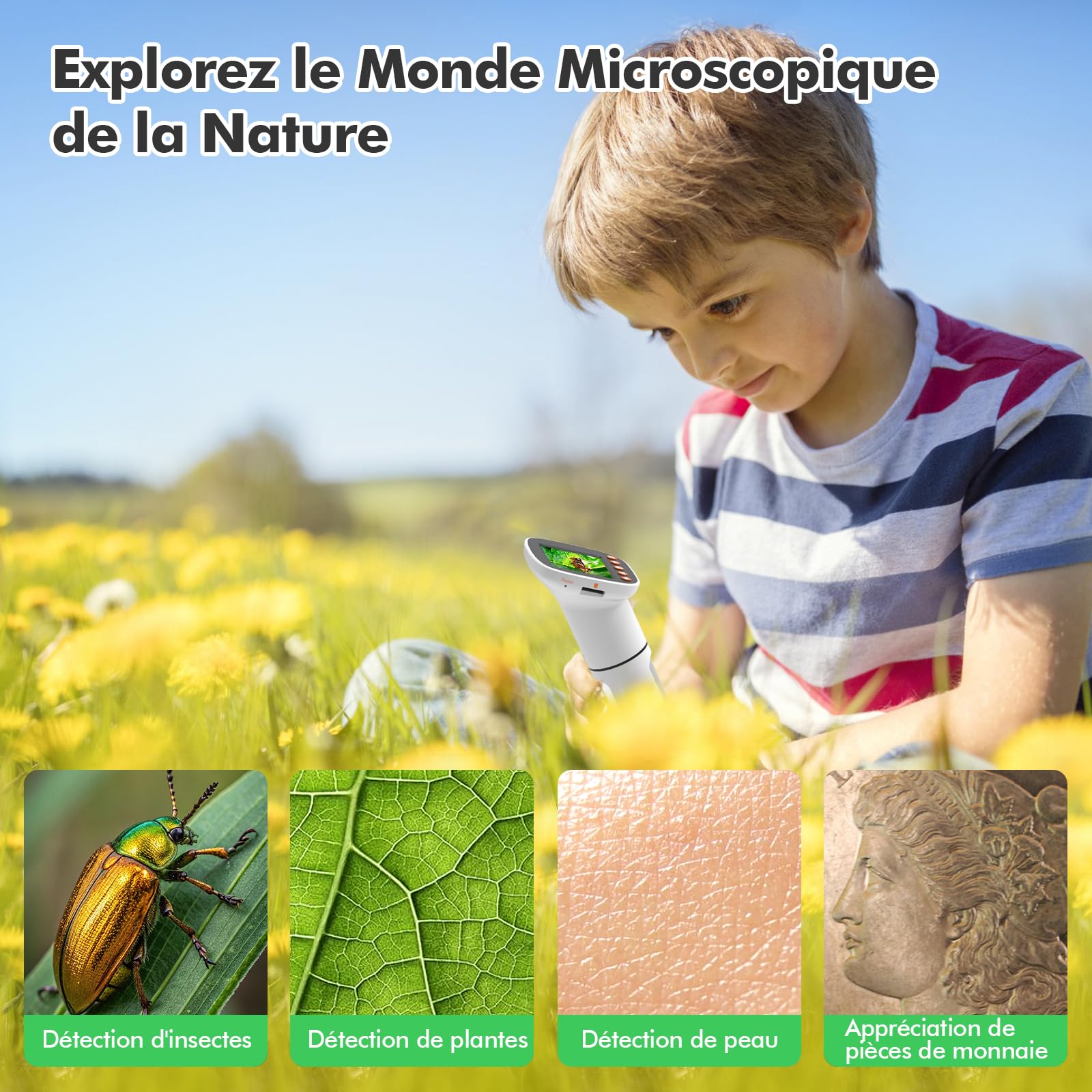 HOMEASY Microscope Enfant: Microscope Numérique 50-1000X avec Écran HD 2,0", 8 LED Réglables, Rechargeable, Compatible Windows/Mac, Stockage Photos/Vidéos, Cadeaux Éducatifs pour Enfants de 4-12 Ans