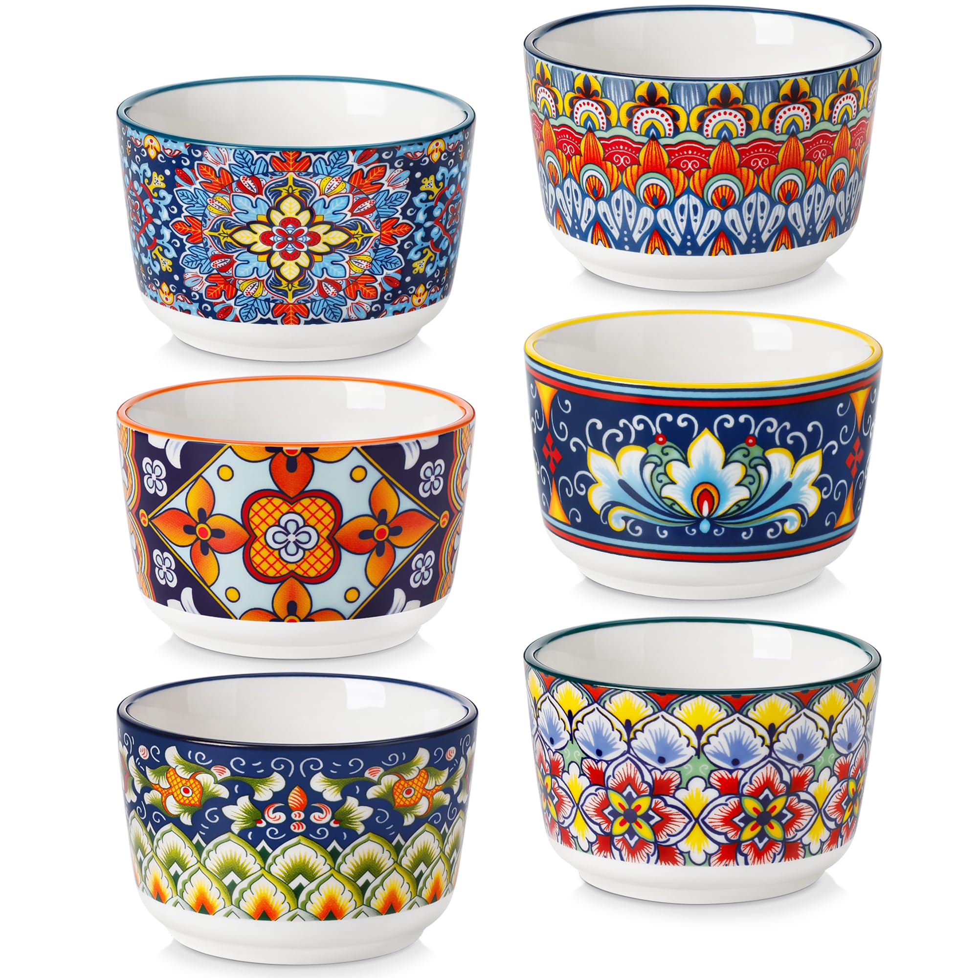 vancasso Creme Brulee Schälchen 120ml, SIMI Souffle Förmchen Backofenfest, Ofenfeste Förmchen 6er Set, Creme Brulee Schalen, Keramik Ramekins für Ragout Fin Schalen, Vibrant Bohemian Mini Auflaufform