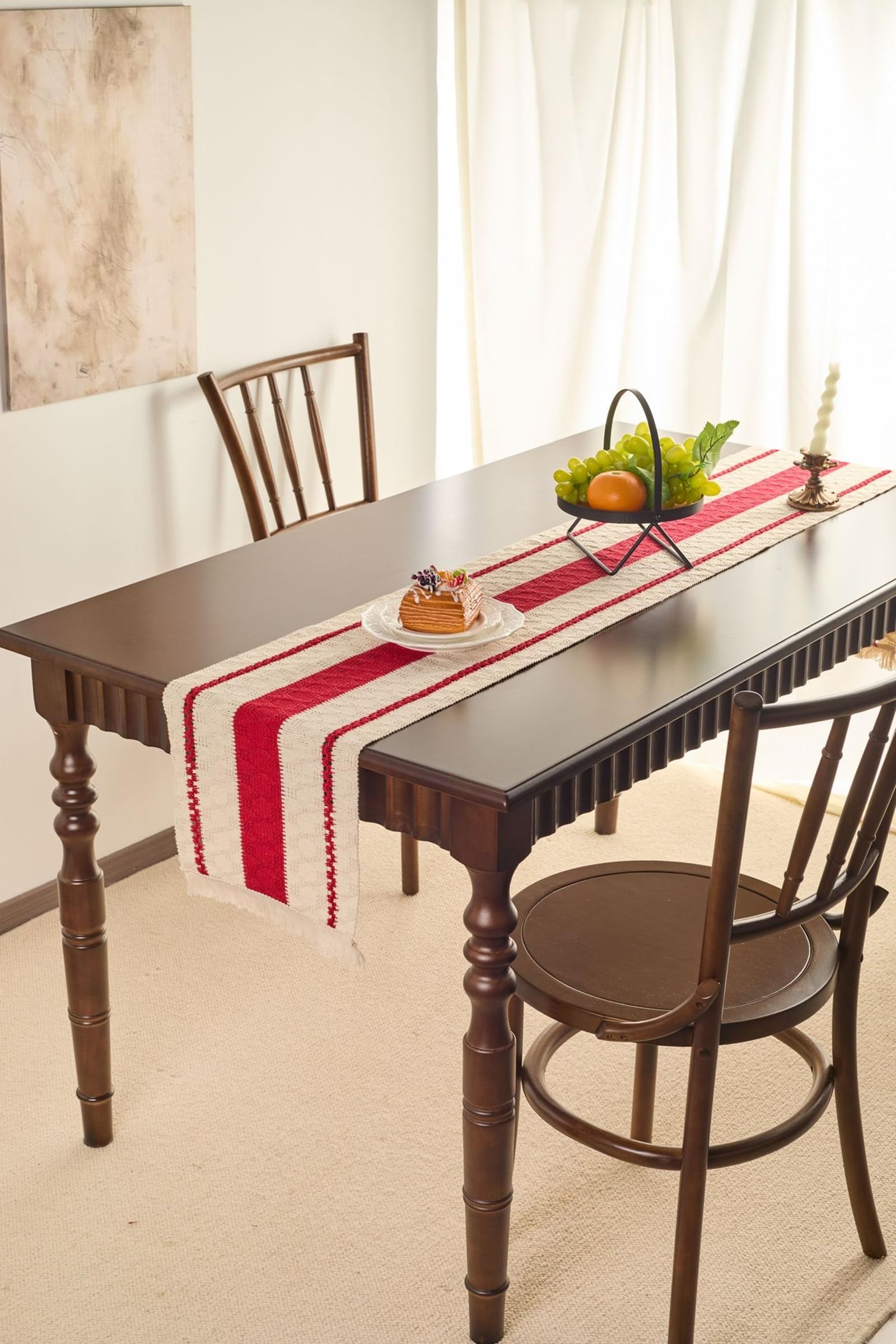Rot Tischläufer Polyester Baumwolle, Makramee Boho Tischläufer Modern Abwaschbar Einfache Gewebt Gestreift Muster mit Quasten Tischdecke für Küche Esstisch Dekor, 30x220 cm, Rot