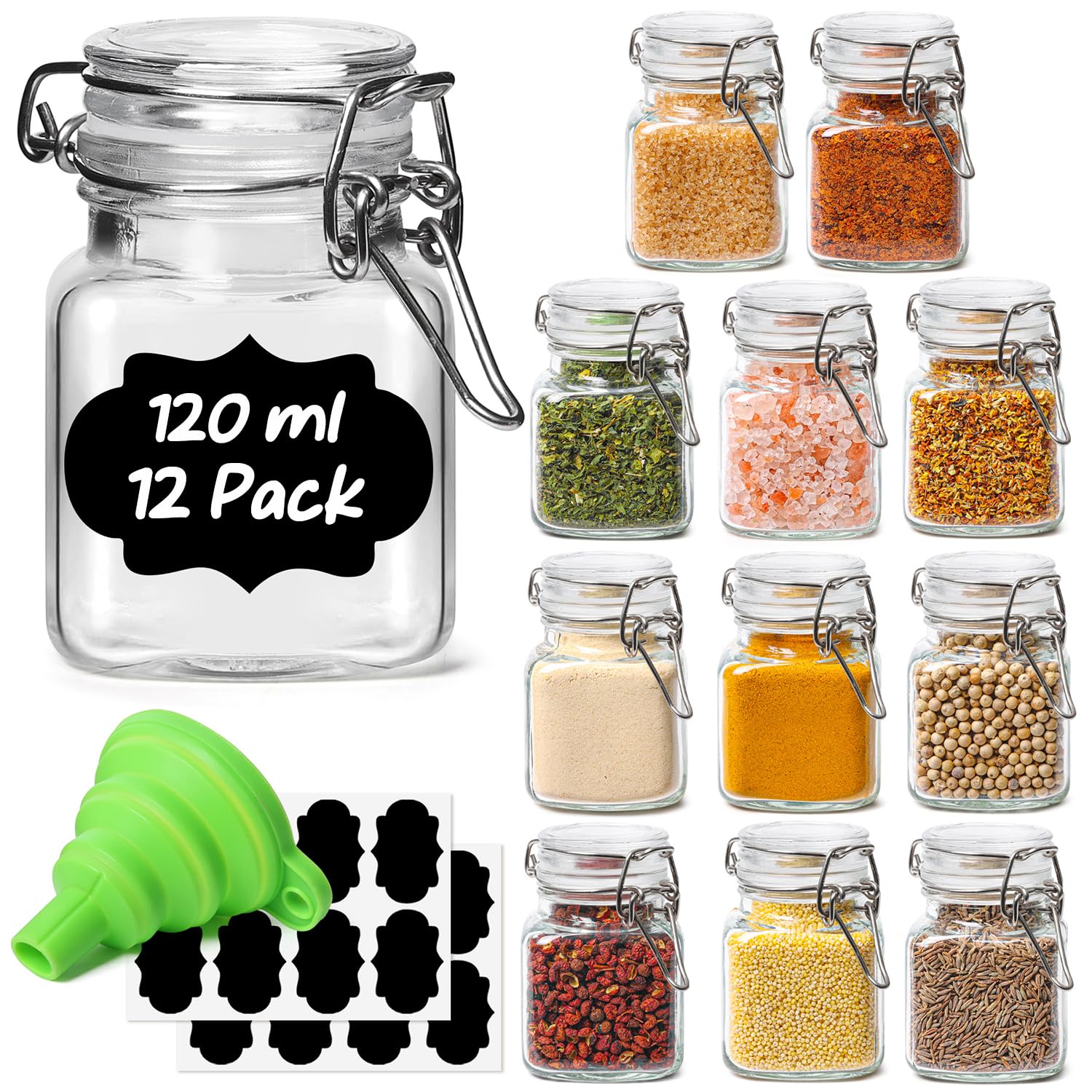 ComSaf 120ml Square Glass Spice Jars with Airtight Lids and Labels (12 Pack), Mini Glass Containers with Wire Clamp for Jam & Herbs, Farmhouse Kitchen Pantry Organisation, Includes Funnel & Labels