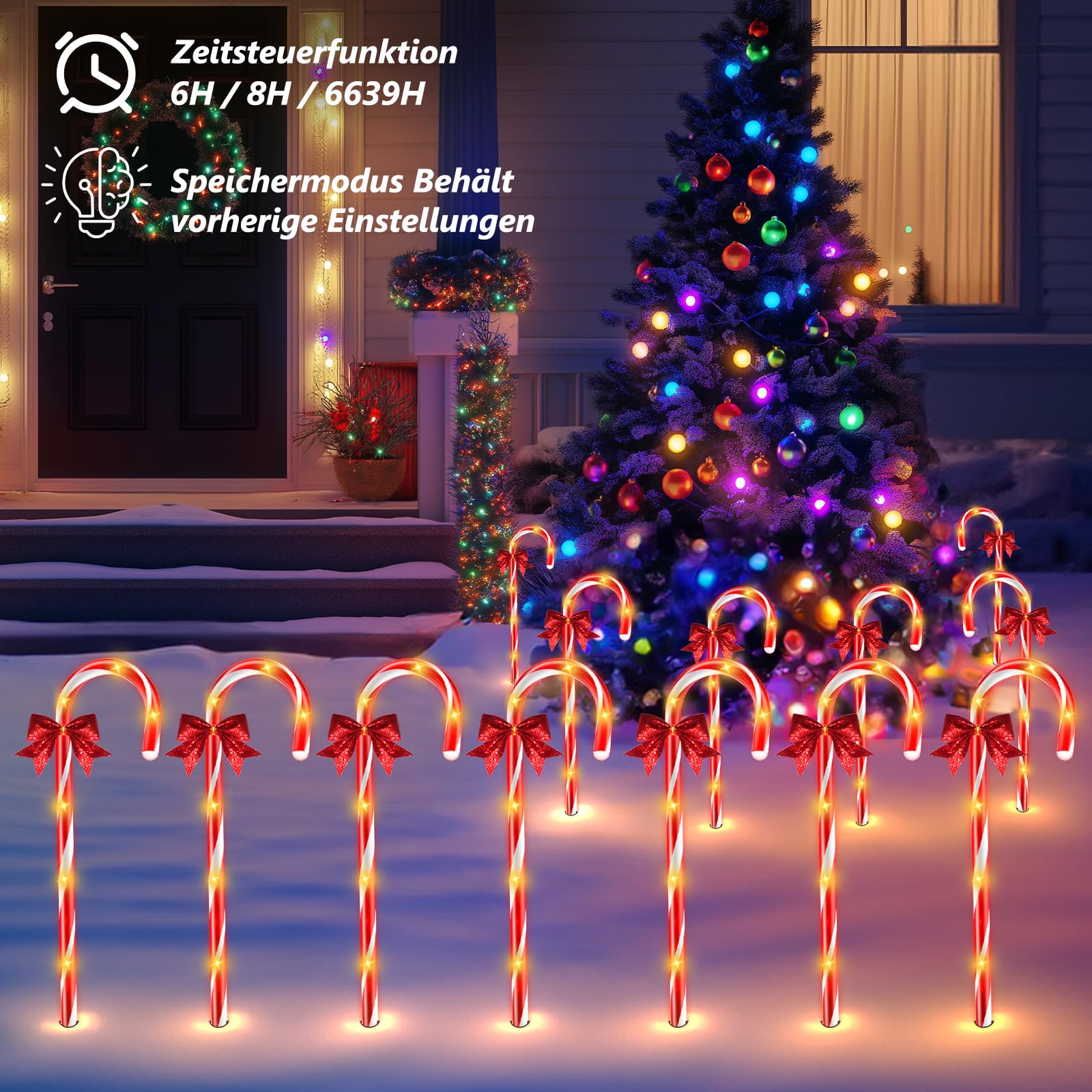 HELESIN Lot de 8 guirlandes lumineuses en forme de canne à sucre | Minuterie à 12 modes, décoration de sapin de Noël, canne à sucre éclairée, étanche, éclairage de Noël extérieur pour