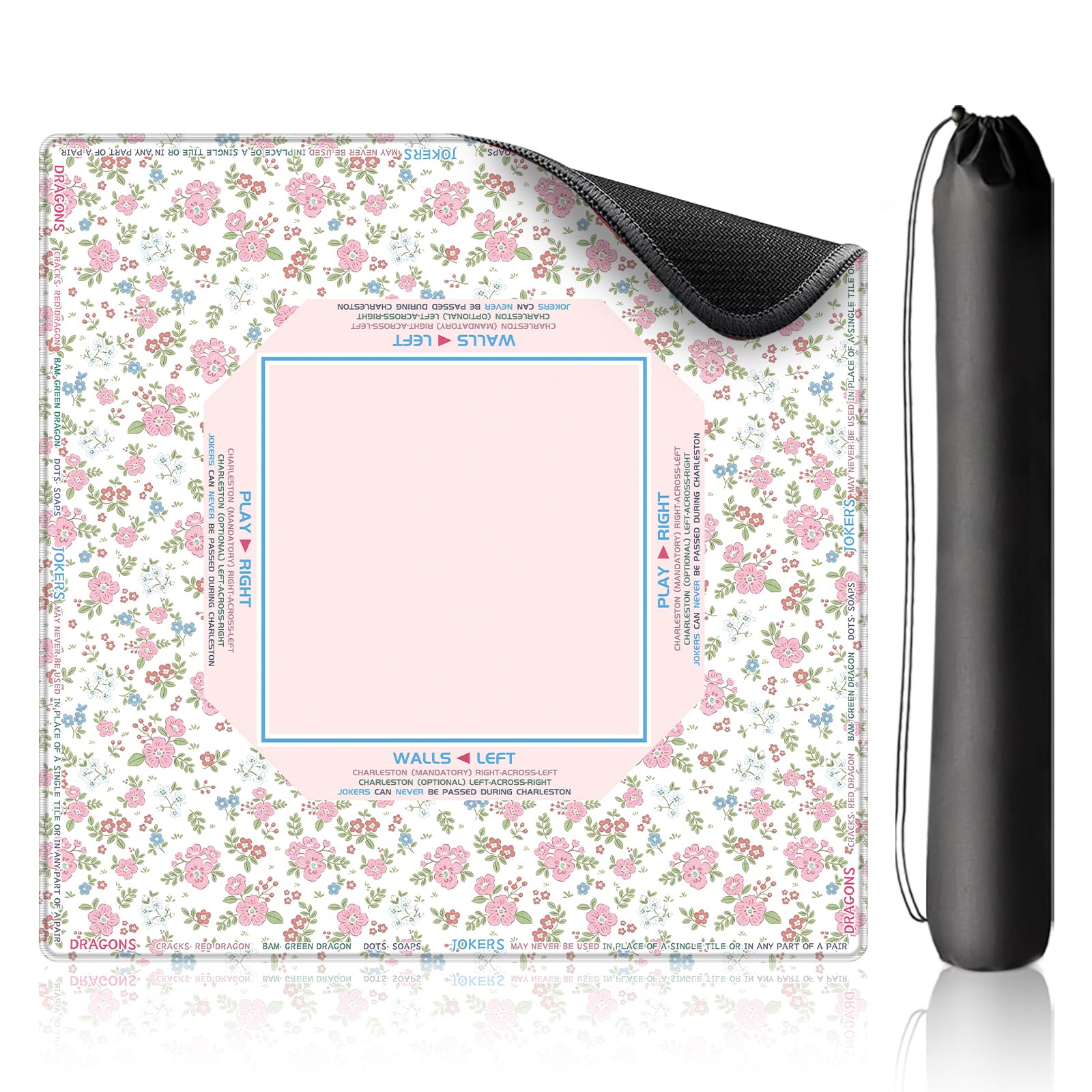 American Mahjong Mat for Table with Rules, 33x33 inches, Pink Ditsy Floral — image 1