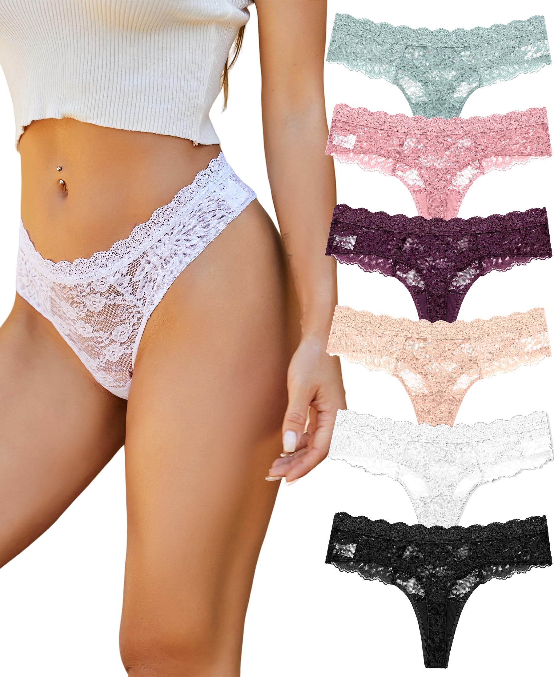 ALL OF SHE 6er Pack String Tanga Damen Spitze Sexy Unterhosen Frauen Underwear Lace Unterwäsche Thongs Women Mehrpack S-XL,S