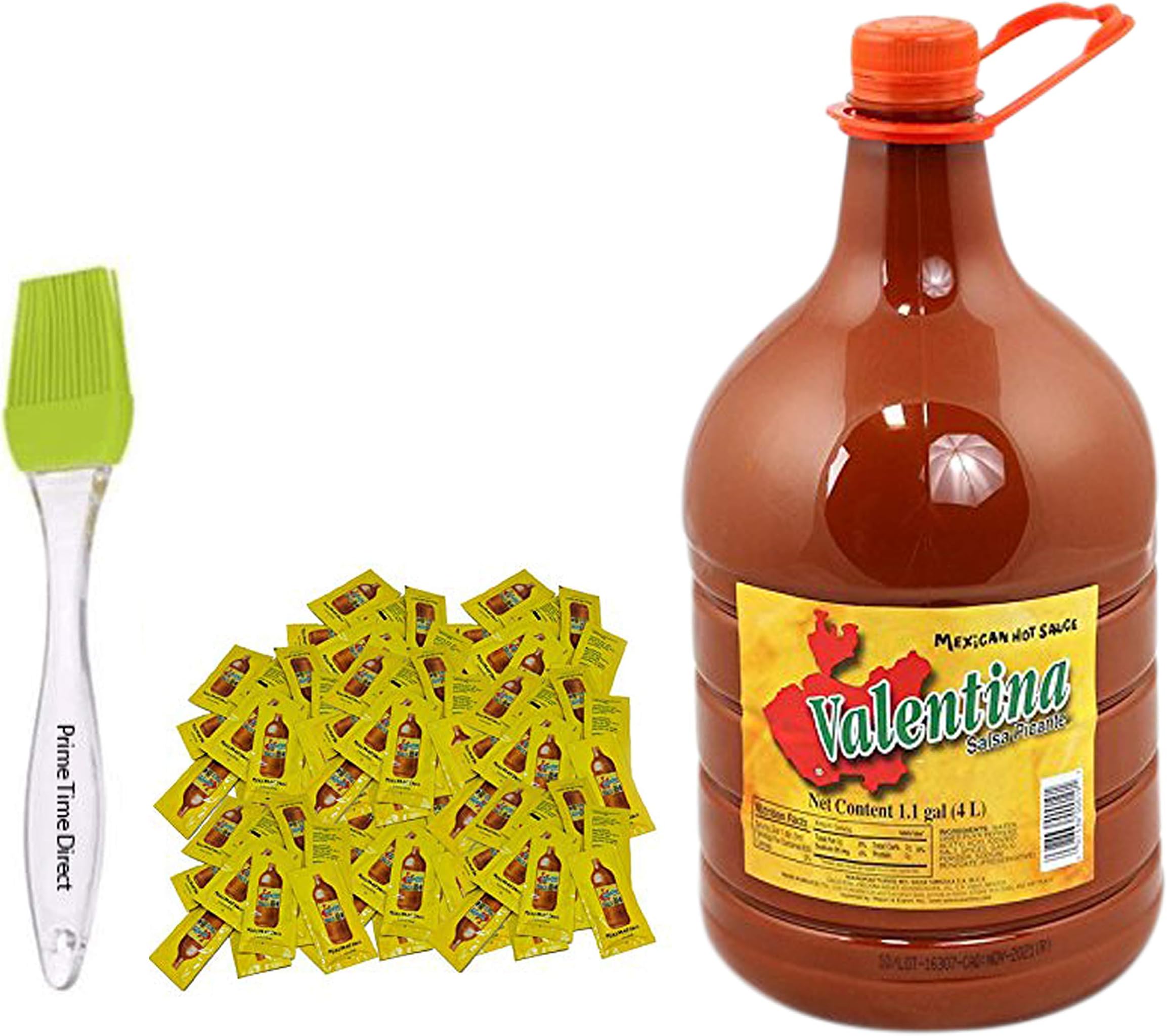 ValentinASalsa Picante Mexican Sauce 1.1 gallon and 50ct Single Serve Packets Bundle with PrimeTime Direct Silicone Basting Brush in a PTD Sealed Bag