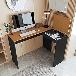 Mobishop Mesa de Escritório em L, Estilo Industrial, 120x75x45cm, Madeira Natural e Metal Preto, com Compartimento Dobrável, para Home Office e Gamer (Preto-Nature)