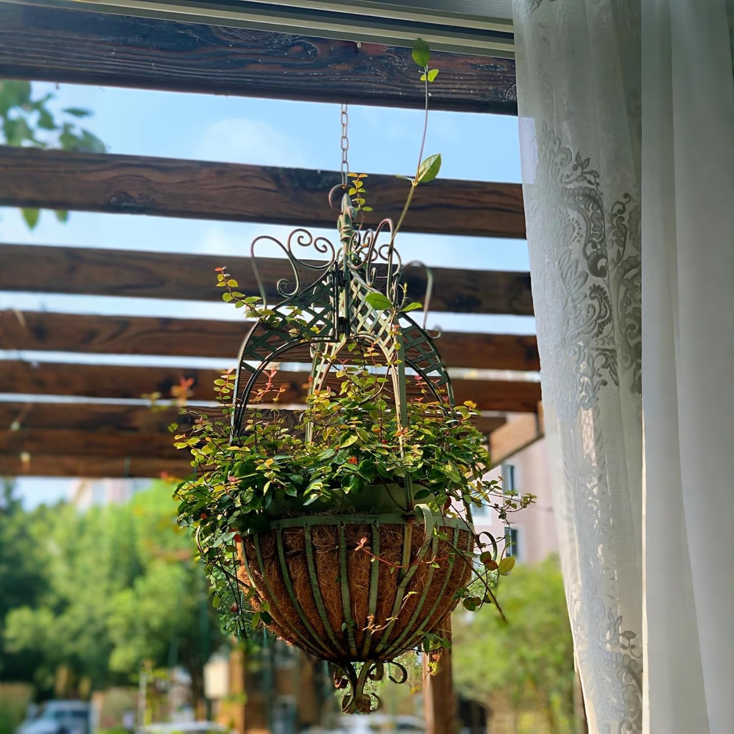 2 Pack Large Hanging Planter for Outdoor Indoor Plants, 12.6-Inch Rustic Metal Hanging Basket for Farmhouse, Patio,Porch,Deck, or Garden - Green